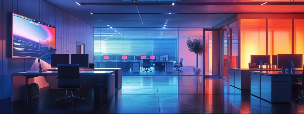 a sleek, modern office workspace showcases it professionals collaborating around high-tech servers, illuminated by vibrant screens displaying cybersecurity data and analytics, conveying the critical benefits of managed cybersecurity services.