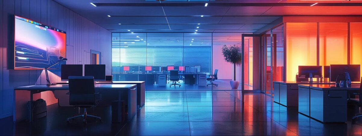 a sleek, modern office workspace showcases it professionals collaborating around high-tech servers, illuminated by vibrant screens displaying cybersecurity data and analytics, conveying the critical benefits of managed cybersecurity services.