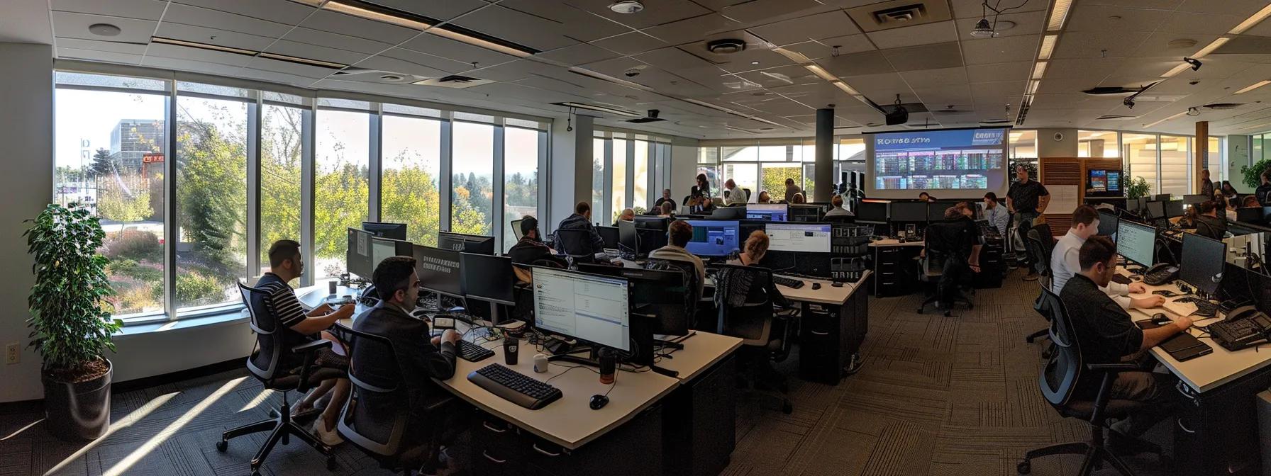a sleek, modern office workspace features a diverse group of it professionals intently collaborating around advanced server equipment while analyzing security data on multiple screens, emphasizing the critical role of outsourced it in enhancing cybersecurity.
