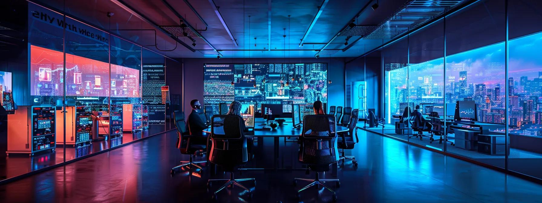 a vibrant office setting showcases a diverse team of it professionals engaged in a collaborative meeting around a sleek conference table, surrounded by advanced servers and digital displays, highlighting their expertise in cybersecurity and innovative technology solutions.