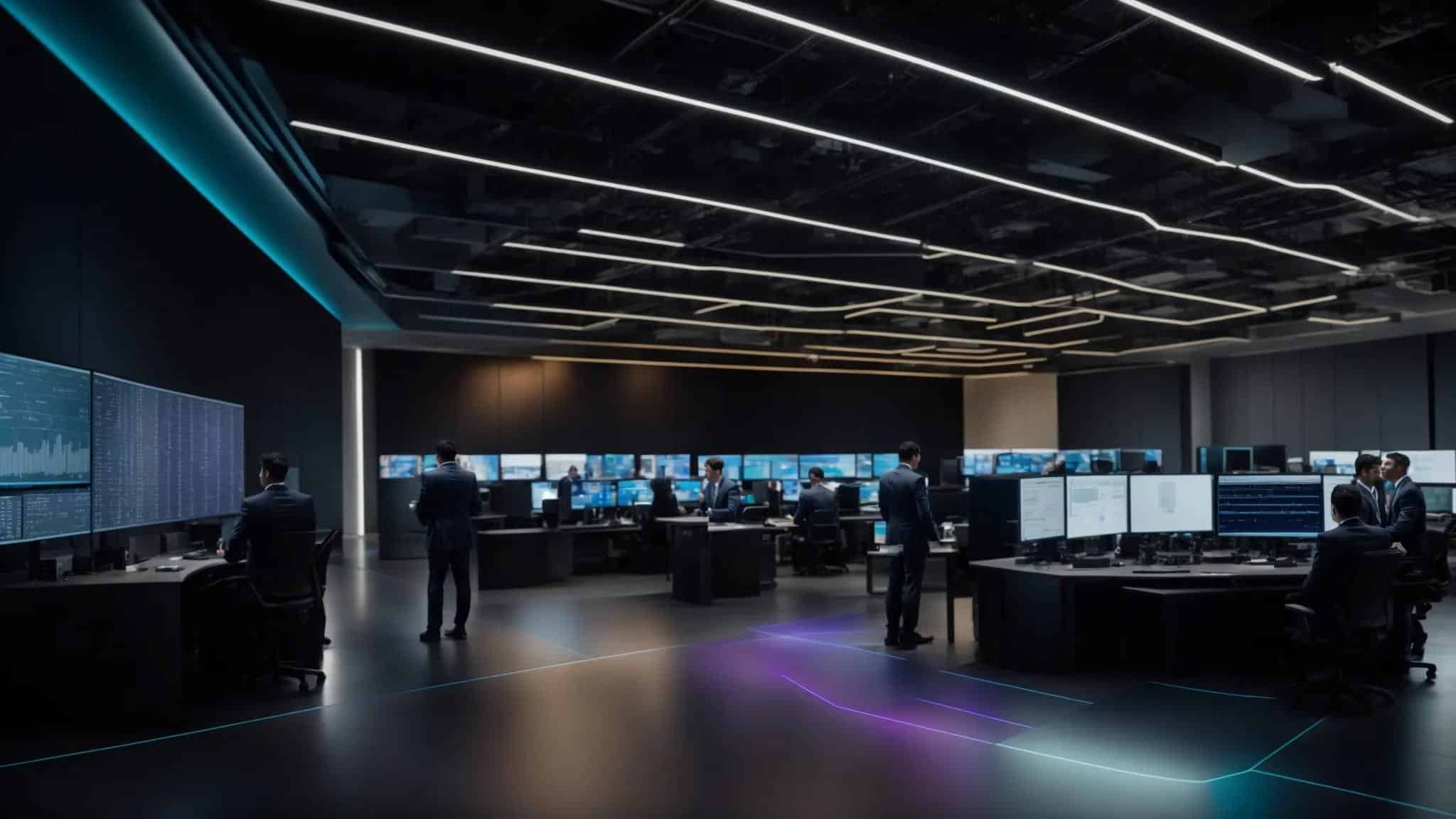 a dynamic corporate setting showcasing a diverse group of it professionals collaborating over digital screens, analyzing complex data visualizations while surrounded by advanced server racks and cutting-edge technology, highlighting their expertise in managed service provider capabilities.