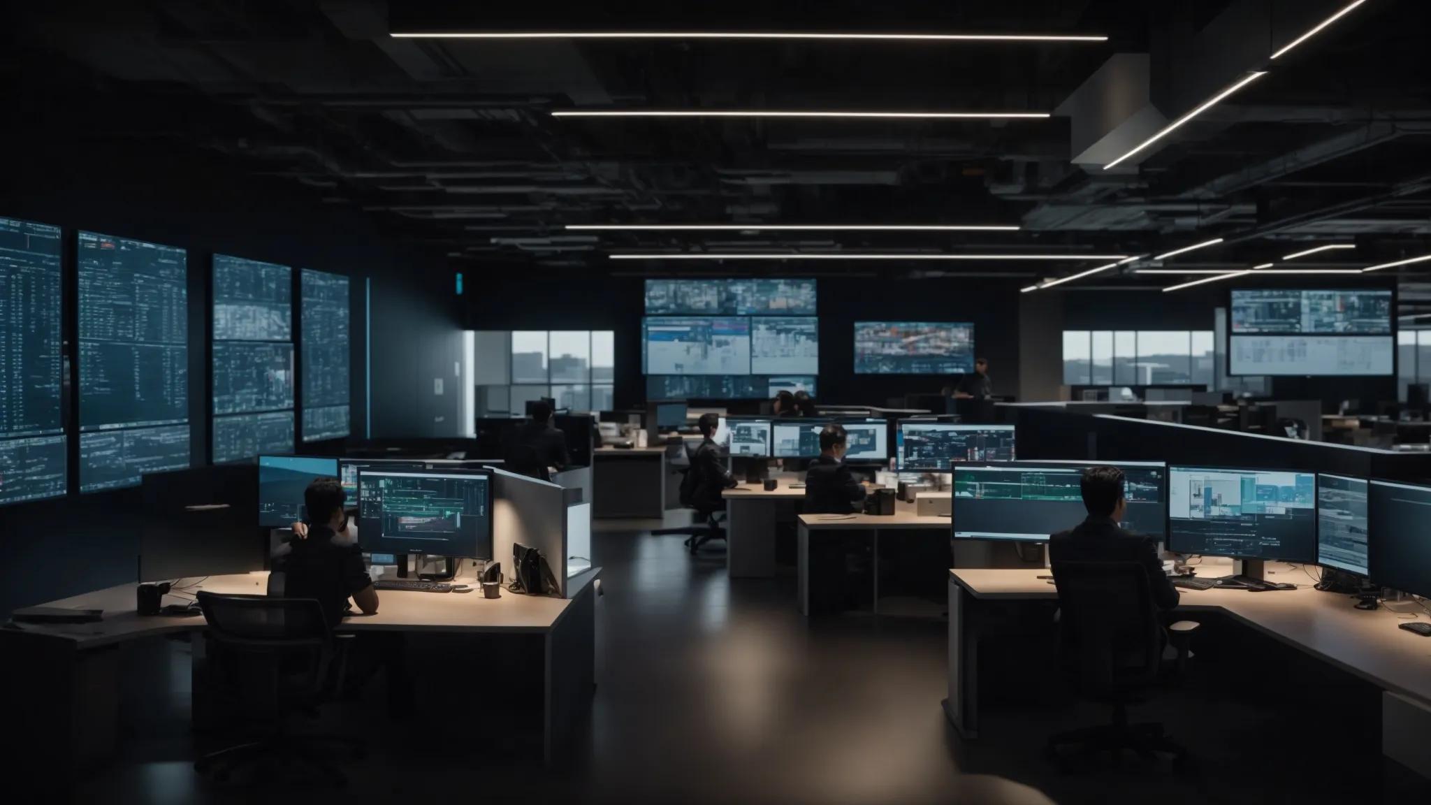 a dynamic it team collaborates in a modern, sleek office space filled with advanced servers, focused on real-time performance metrics displayed on large digital screens, illustrating cybercommand’s commitment to reliable and scalable it support.