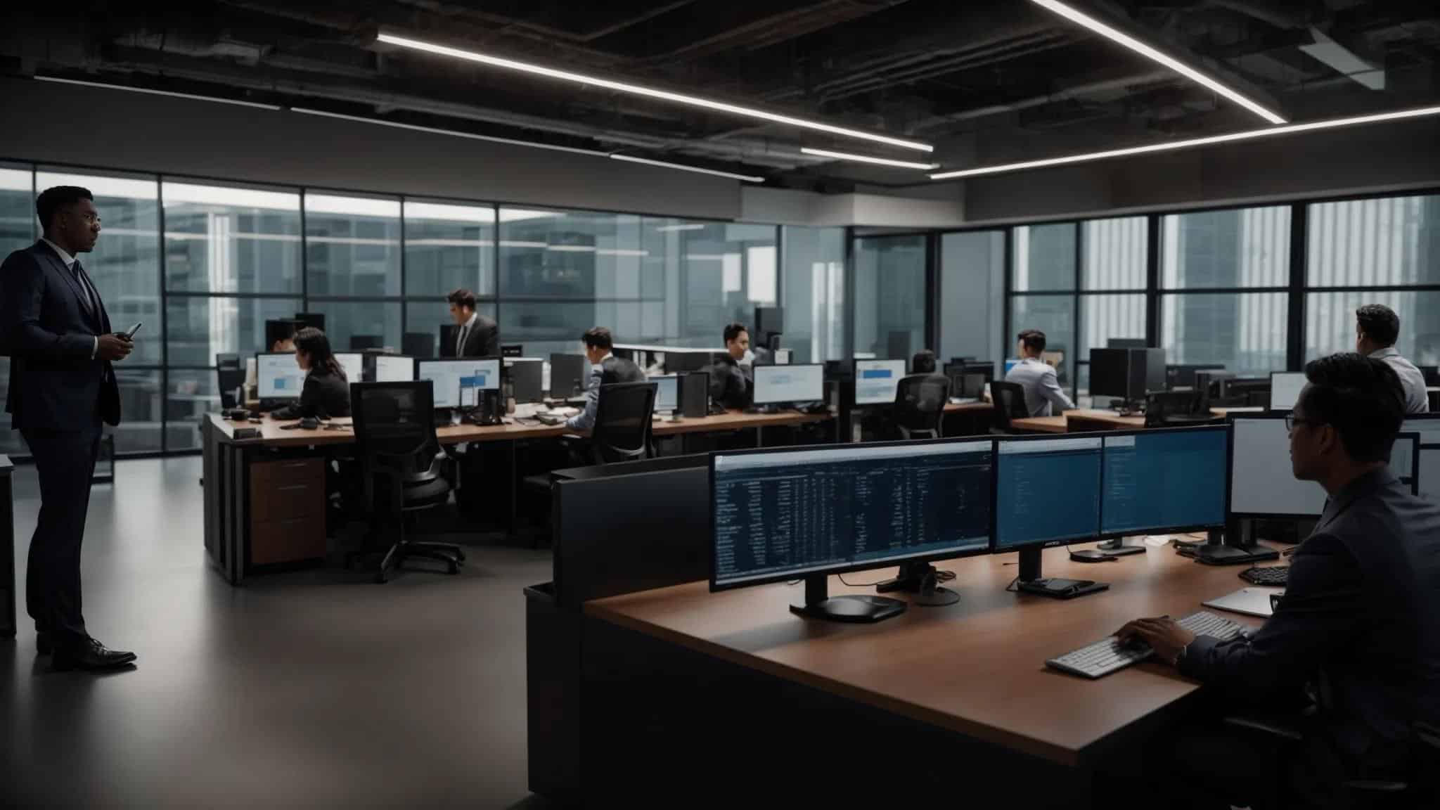 a dynamic modern office environment showcasing a diverse team of it professionals collaboratively troubleshooting complex server issues, with displays of real-time data analytics and high-tech equipment emphasizing the enhancement of client engagement and service quality.