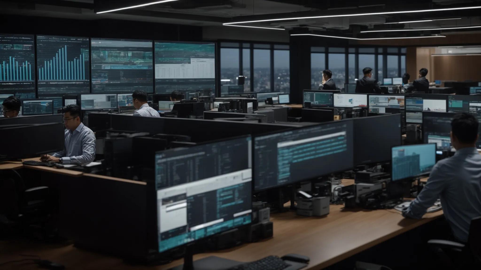 a dynamic, modern office setting showcases it professionals collaboratively analyzing data on multiple screens and servers, embodying the effectiveness of tailored on-site and remote managed services in enhancing operational efficiency and security.