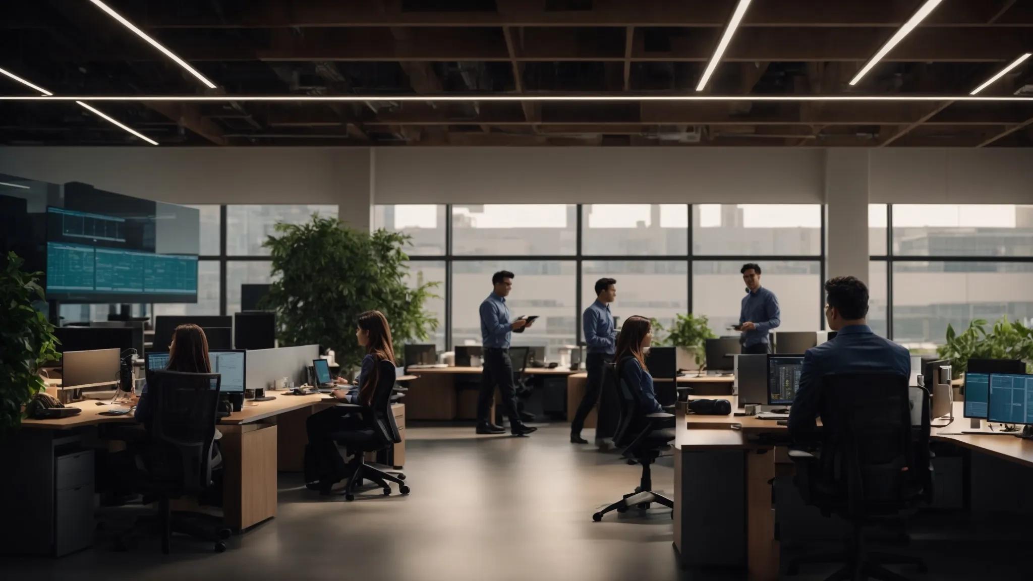 a dynamic, modern office space showcases a diverse team of it professionals engaged in collaboration around sophisticated servers, emphasizing effective communication and swift problem-solving to optimize customer support quality.