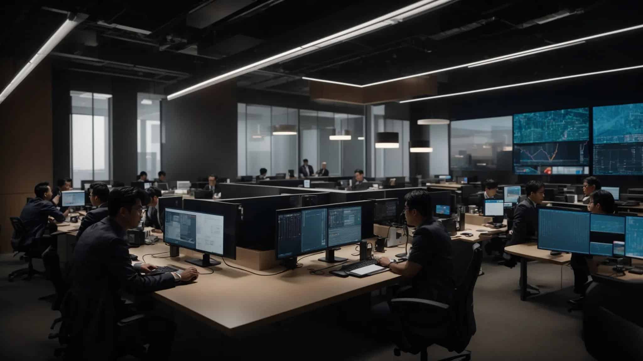 a dynamic office environment features a diverse team of it professionals engaged in a collaborative strategy session, surrounded by sleek servers and digital displays, highlighting their proactive approach to overcoming the complexities of scaling managed it services.