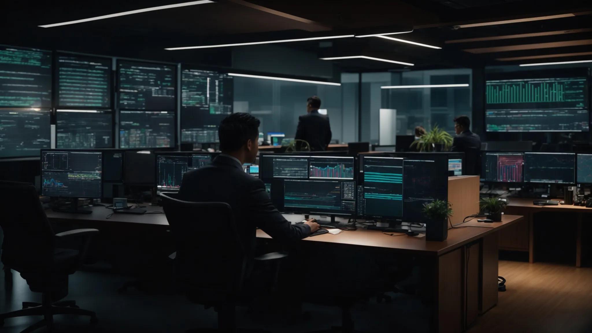 a dynamic office environment features it professionals collaborating around advanced cybersecurity servers, with illuminated performance dashboards displaying critical metrics and kpis that emphasize their strategic approach to measuring outcomes and value in managed cybersecurity deployments.