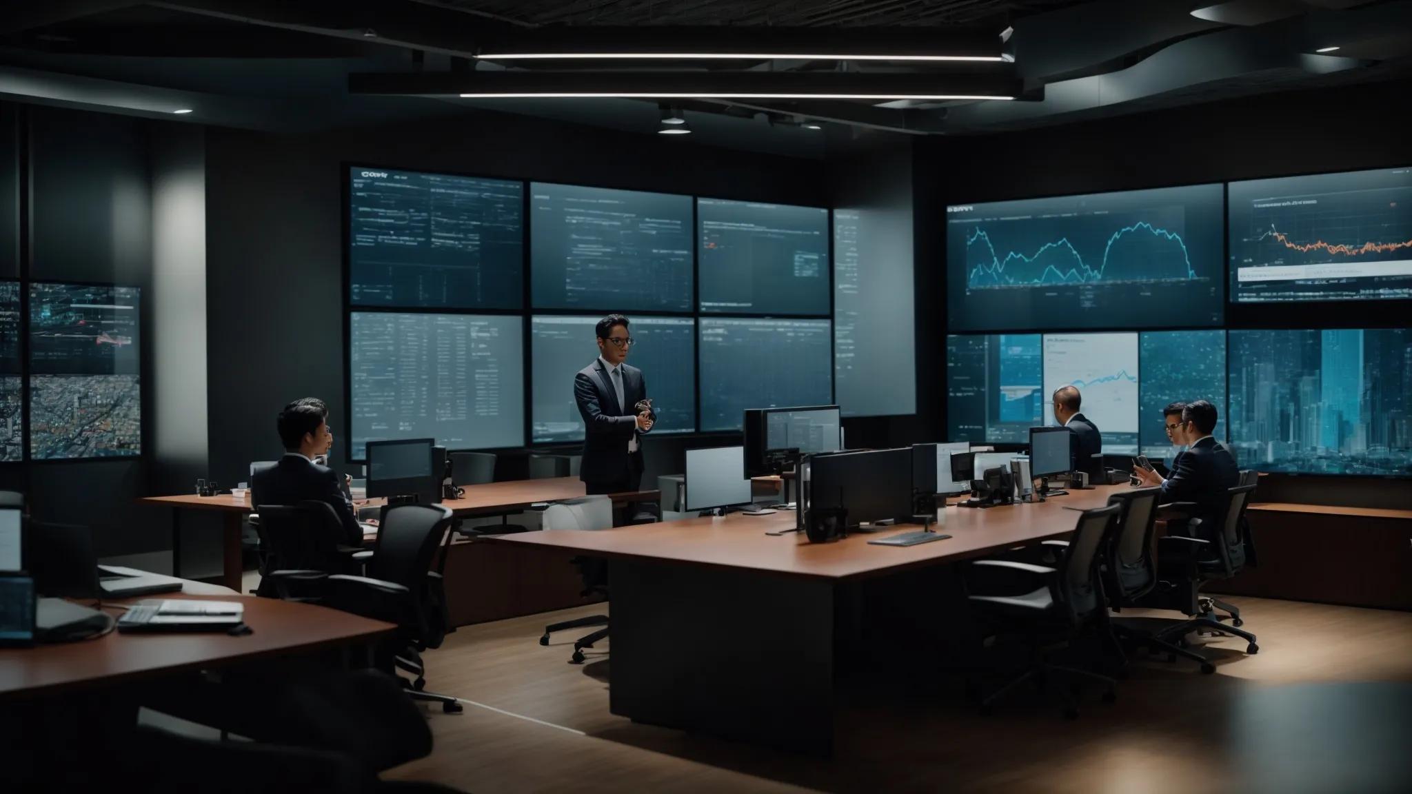 a dynamic office environment featuring it professionals engaged in a collaborative discussion around a sleek conference table, with visible digital maps of network architecture and servers displayed on high-definition screens, emphasizing the strategic alignment of business requirements with advanced technology solutions.