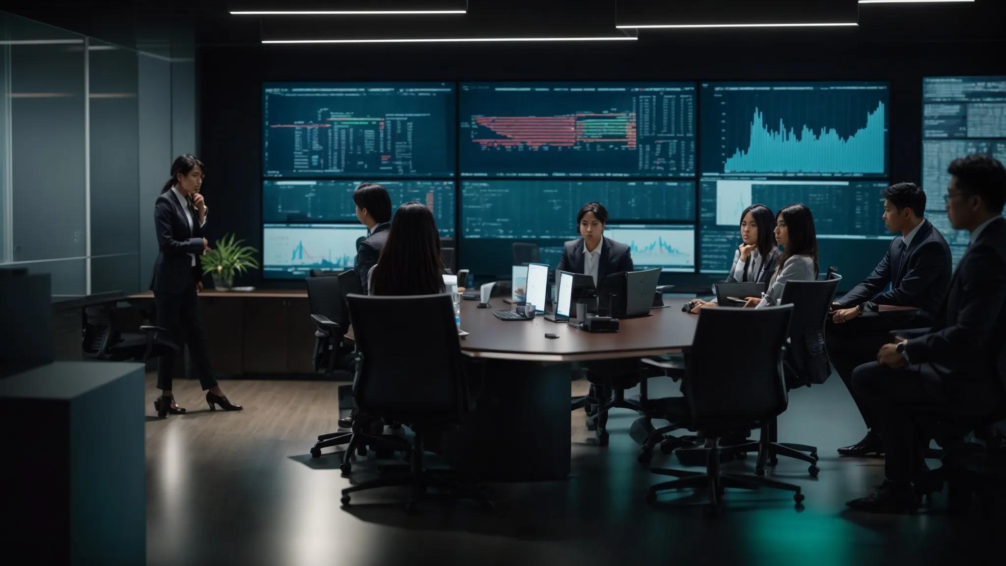a dynamic office environment featuring a group of cybersecurity professionals engaged in a collaborative discussion around a sleek, modern conference table, with digital displays showcasing complex data analytics and it security metrics illuminating their focused expressions.