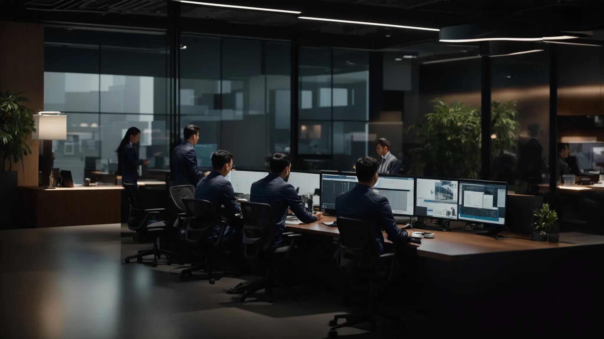 a dynamic office environment showcases a diverse team of it professionals collaborating around a sleek, modern conference table, analyzing digital data on multiple screens while discussing strategies to enhance cybersecurity and support for small businesses in a bustling urban setting.