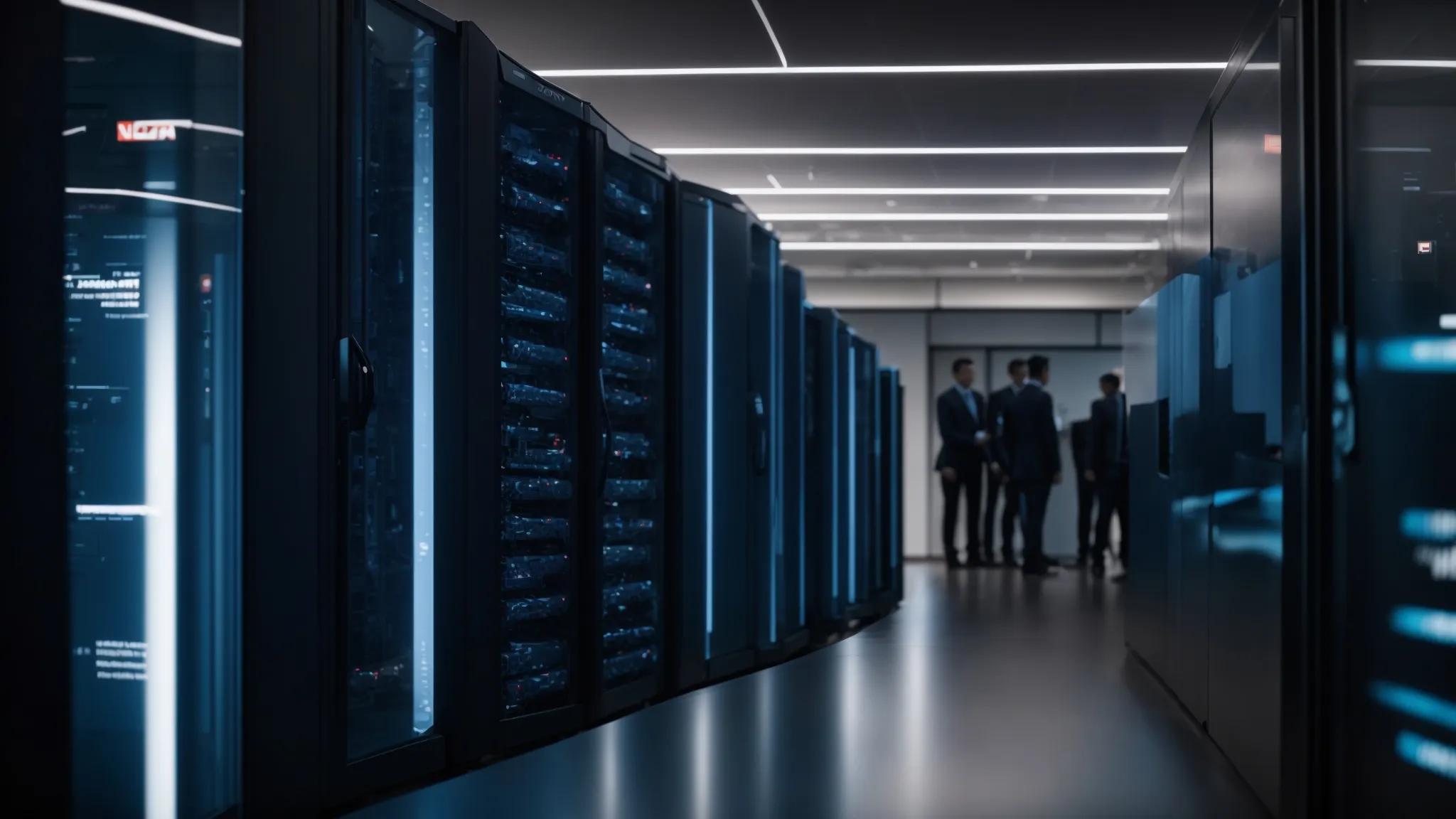 a dynamic office environment showcases a diverse team of it professionals collaborating around advanced server racks, illuminated by cool, artificial lighting that reflects a high-tech atmosphere, emphasizing cybercommand's commitment to seamless business continuity and rapid incident response.