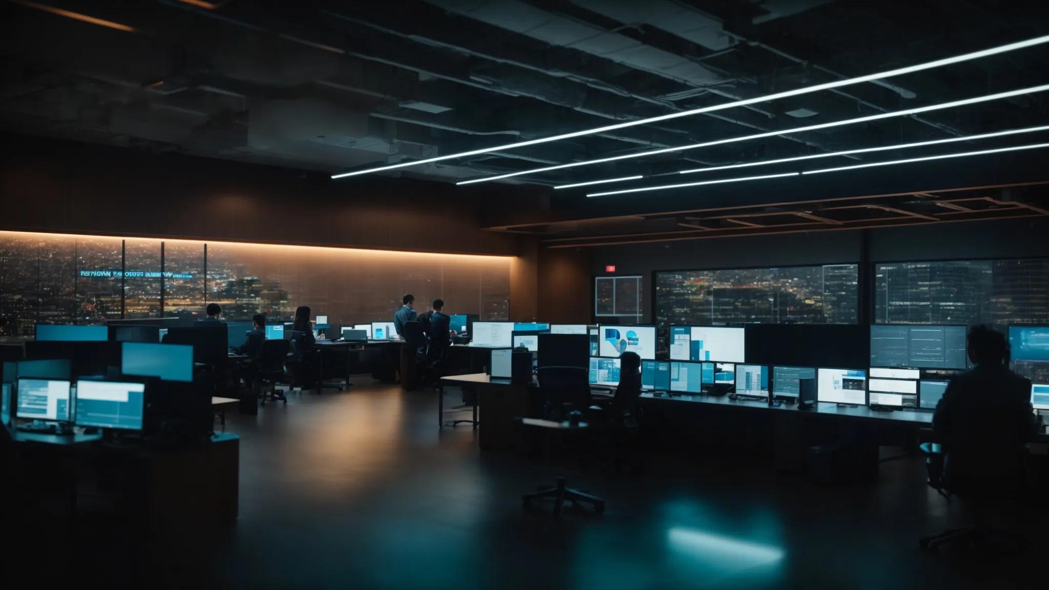a dynamic office environment showcases it professionals actively collaborating around sleek servers and advanced cybersecurity dashboards, emphasizing the critical importance of managed cybersecurity tools in protecting small businesses against modern threats.