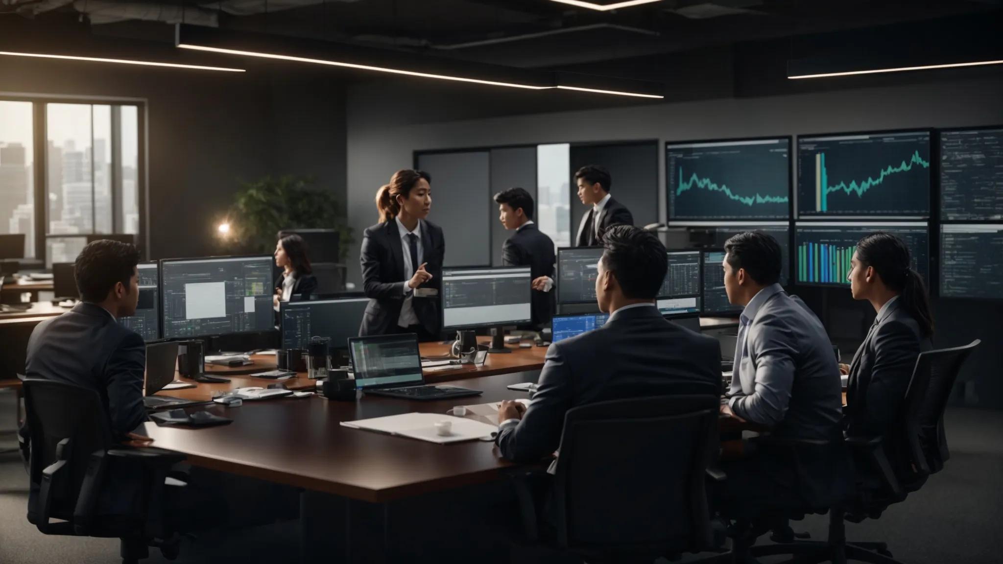 a dynamic office environment showcases a diverse group of it professionals collaborating around a sleek conference table, analyzing intricate server diagrams and data metrics on multiple screens, with expressions of determination and focus that highlight the importance of strategic msp pricing for long-term business growth.