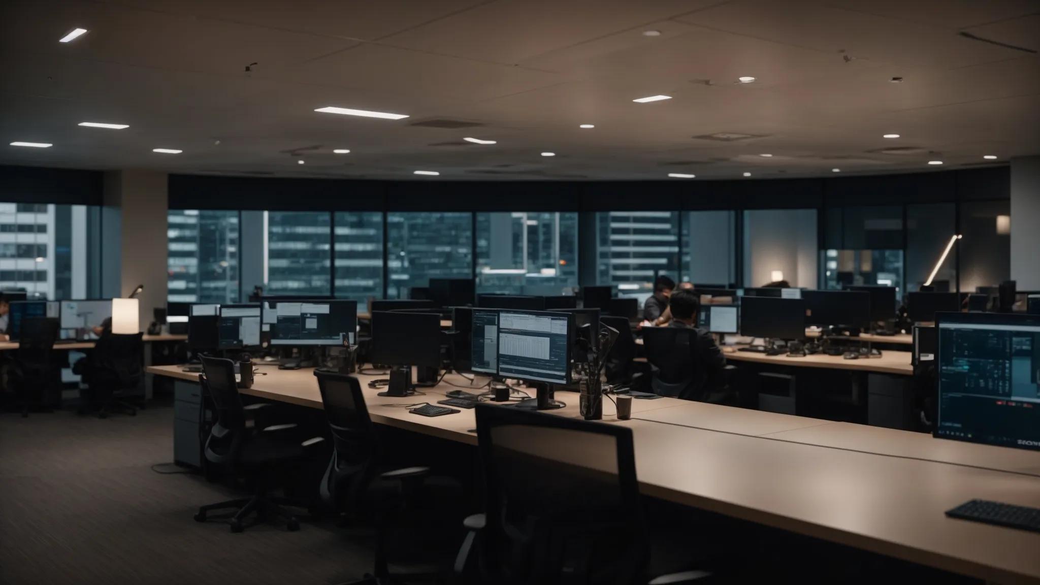 a dynamic office environment showcases it professionals collaborating around sleek servers, illuminated by modern overhead lighting, emphasizing cybercommand’s commitment to personalized, rapid it support for small businesses.