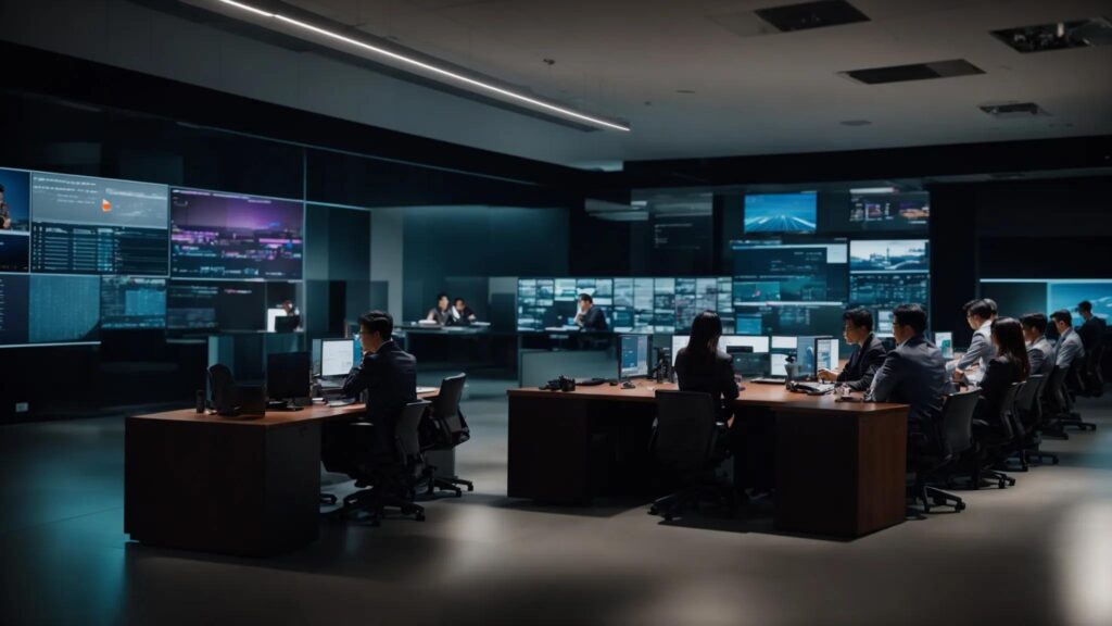 a dynamic office environment showcases a diverse group of it professionals engaged in a collaborative discussion around a sleek conference table, surrounded by high-tech servers and digital displays, emphasizing the importance of cybersecurity compliance in managed services.