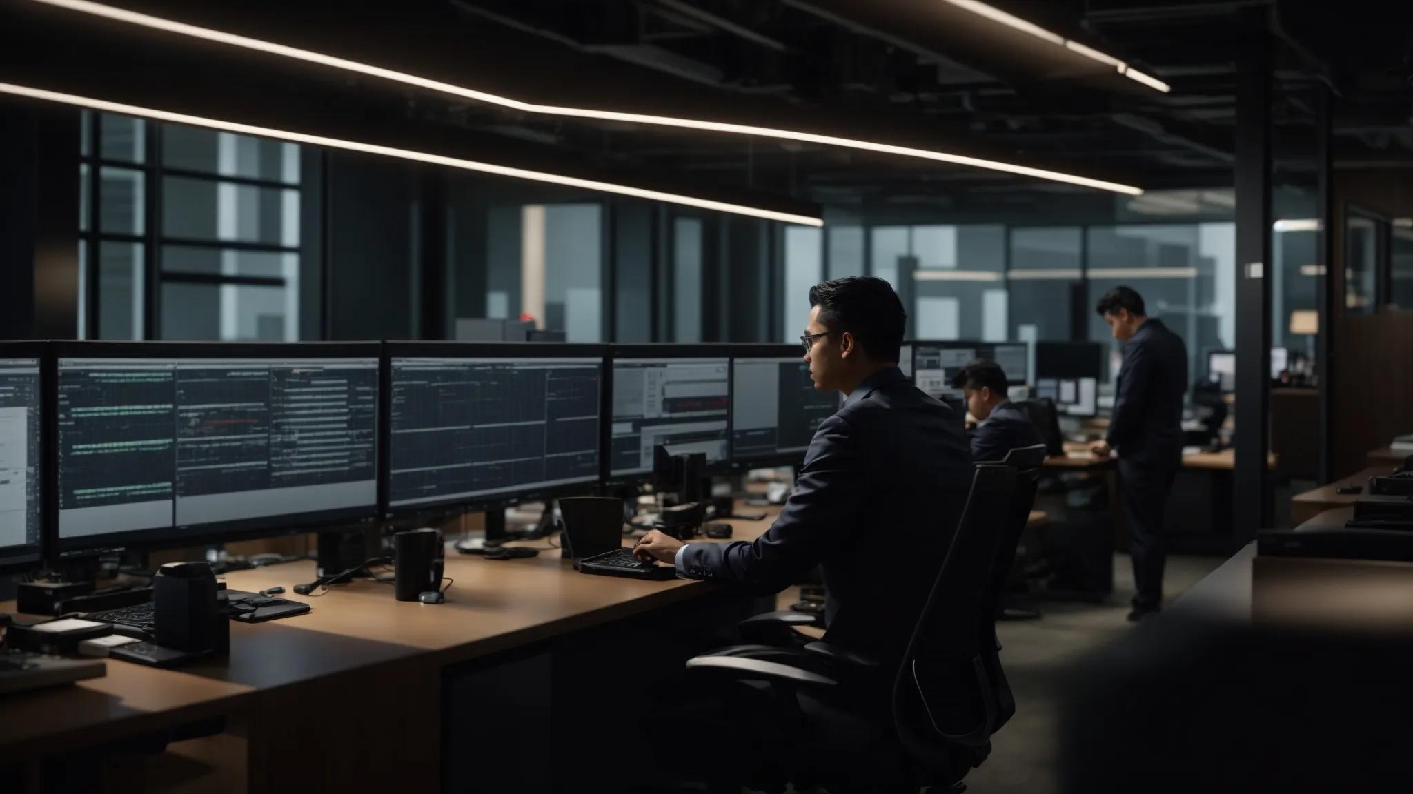 a dynamic office environment showcases it professionals engaged in collaborative discussions around servers and digital monitors, illustrating the contrasting approaches of on-site and remote it managed services.