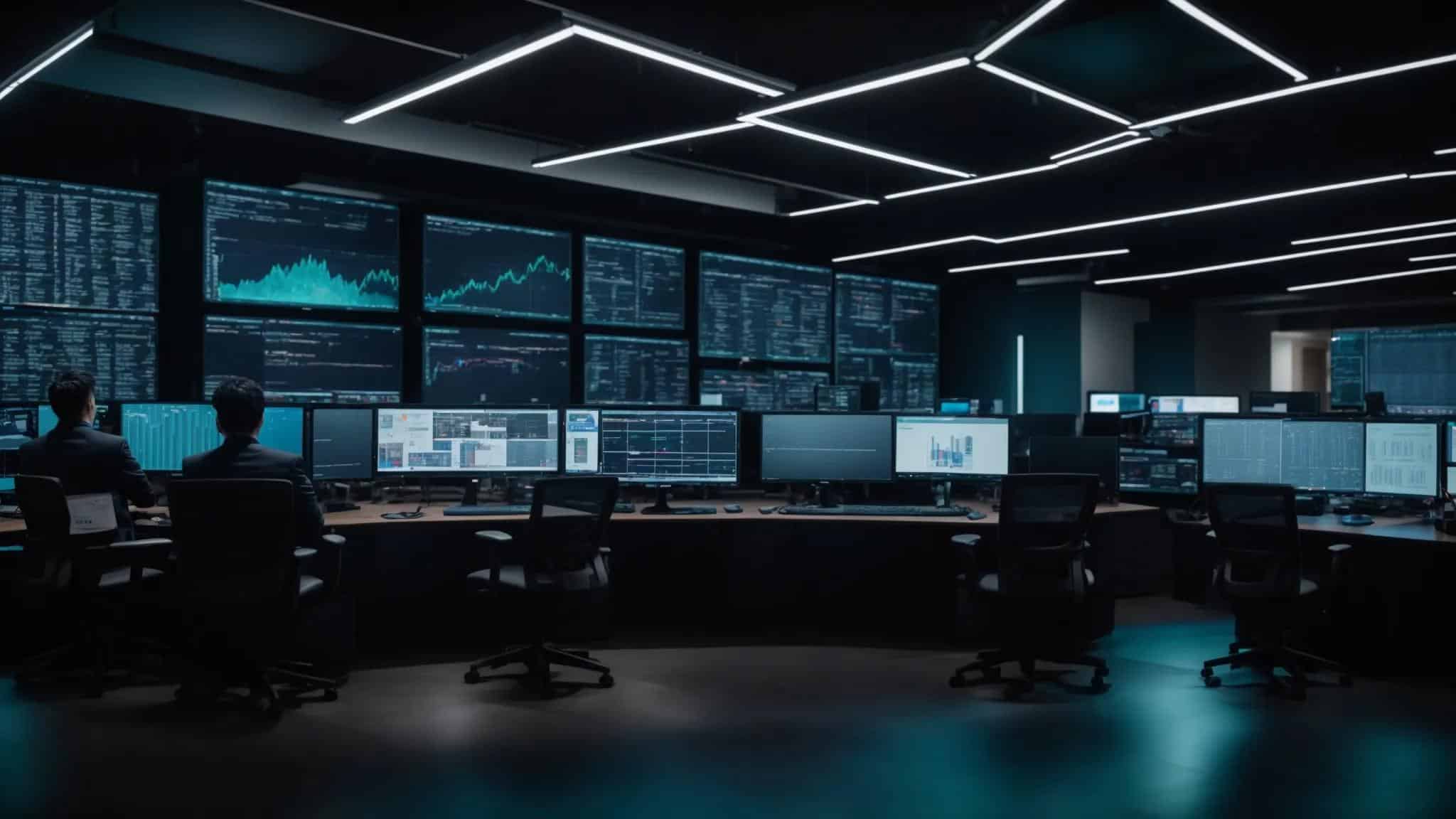 a dynamic office environment showcases it professionals collaboratively analyzing cybersecurity data on sleek monitors, surrounded by digital security dashboards and server racks, emphasizing a strategic approach to integrating managed cybersecurity solutions into business operations.
