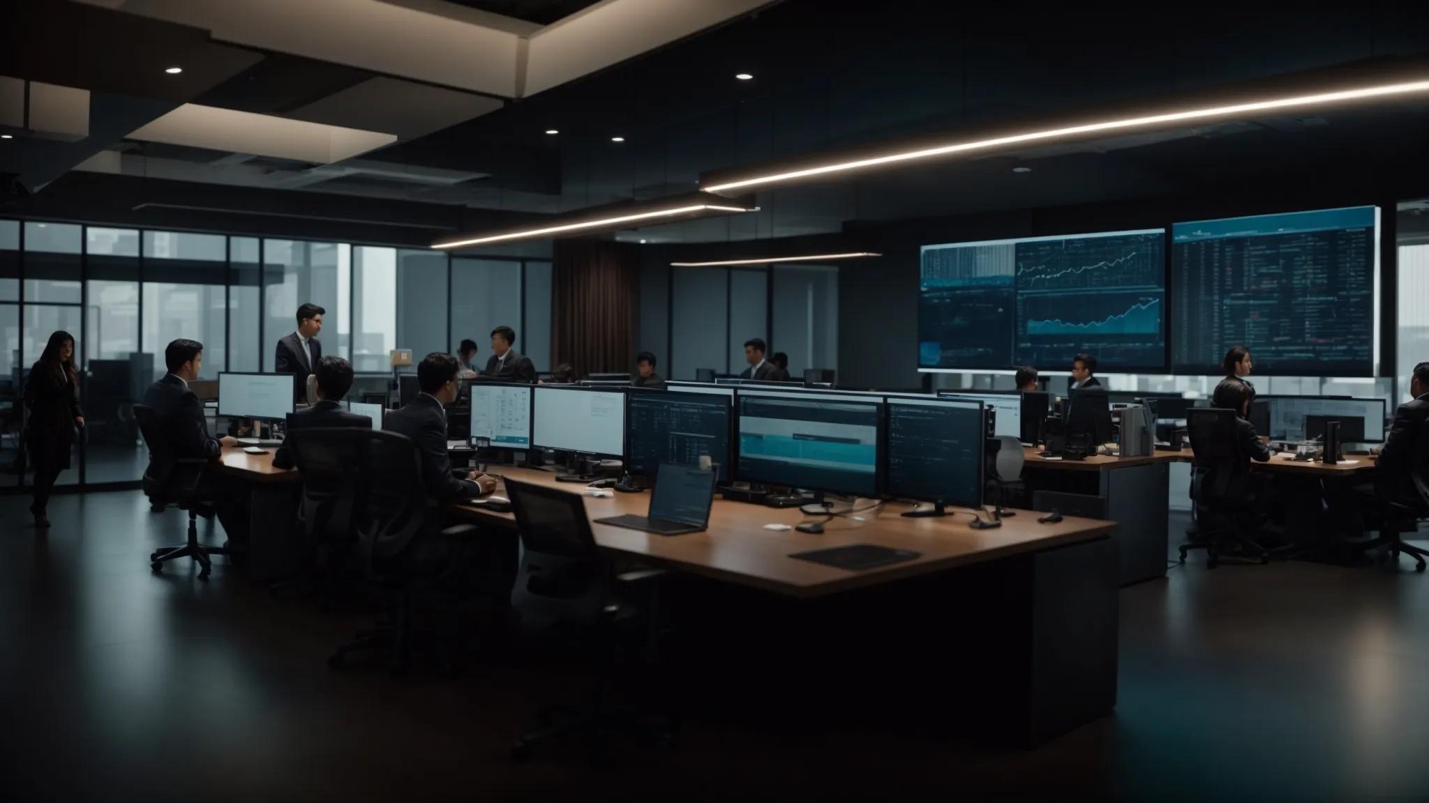 a dynamic office environment showcases a diverse team of it professionals collaborating around sleek servers and digital screens, engaged in strategic discussions about optimizing managed services for varying business needs and compliance standards.