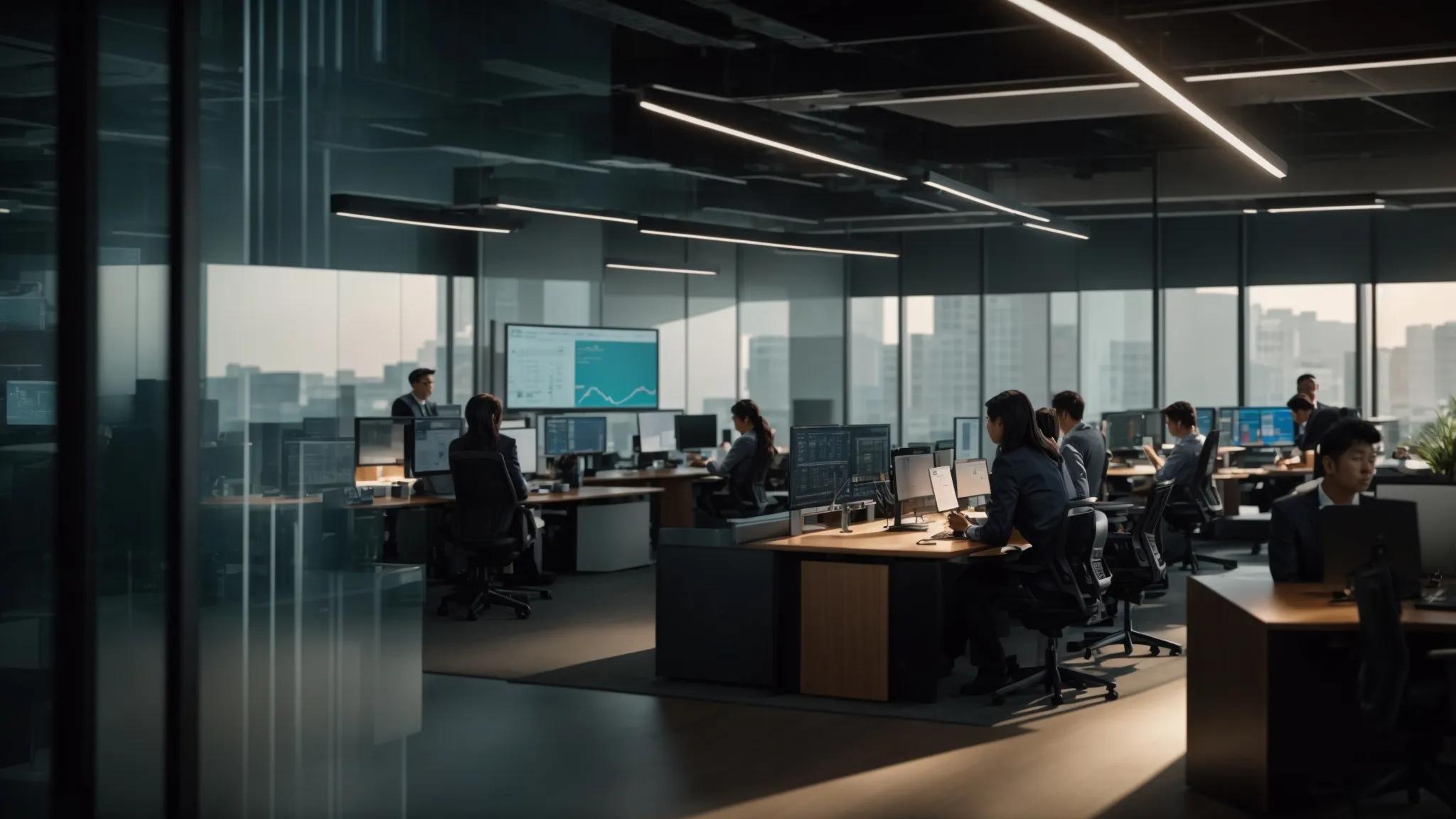 a dynamic office environment showcases a diverse group of it professionals engaged in collaborative discussions around advanced server technology, highlighted by sleek workstations and digital displays emphasizing data-driven decision-making.