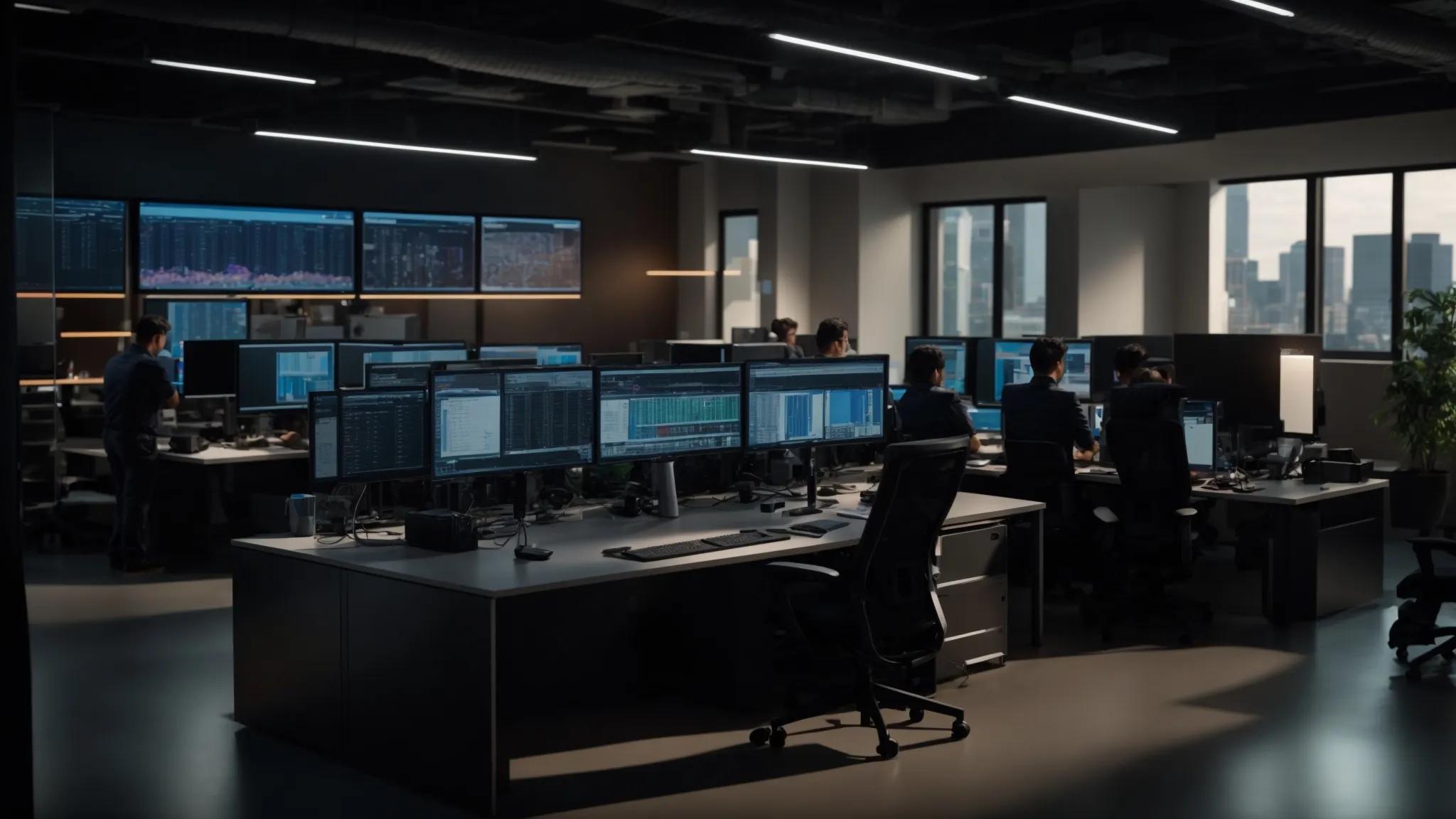 a dynamic office environment showcases a team of it professionals collaborating around an array of sleek servers, utilizing advanced monitoring tools on multiple screens to illustrate the seamless integration of managed it support services that optimize workflow and efficiency.