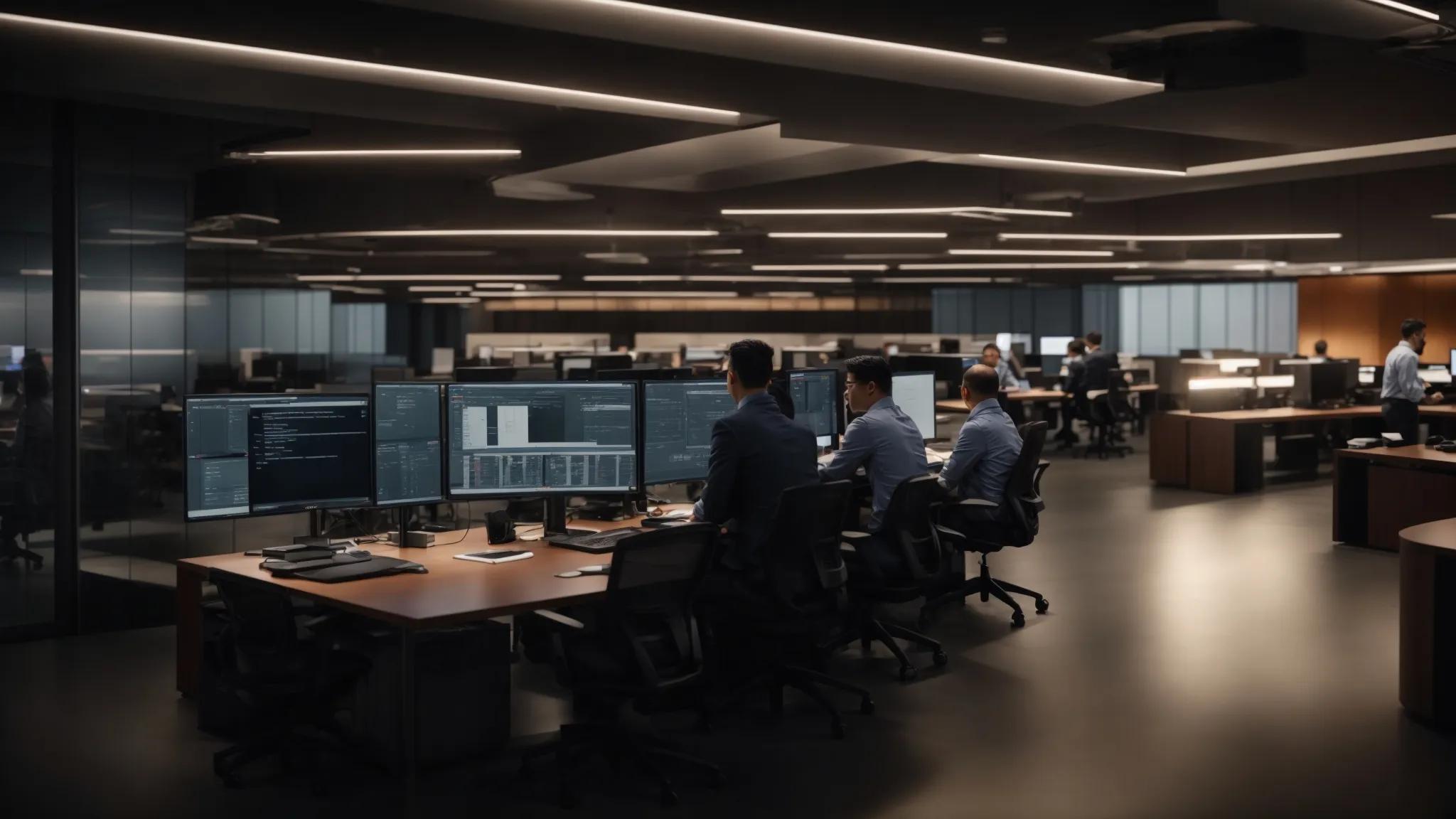 a dynamic office environment showcases it professionals engaged in collaborative discussions around advanced servers and digital interfaces, highlighting a comprehensive approach to managed service offerings in a modern business context.