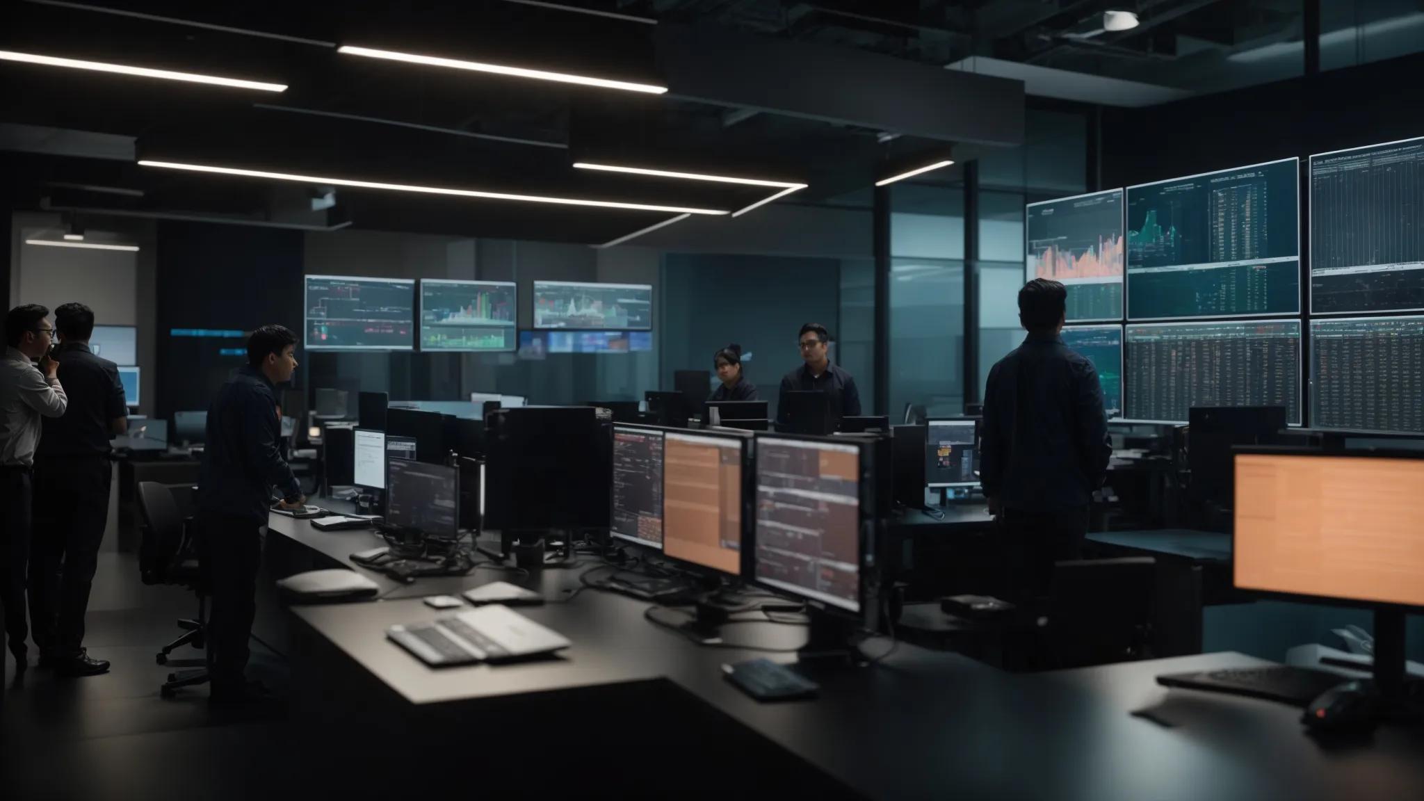 a dynamic office environment showcases a team of it professionals collaborating over advanced server equipment, surrounded by digital displays of operational metrics and heightened network analytics, emphasizing the expertise and meticulous quality driving value in managed services.