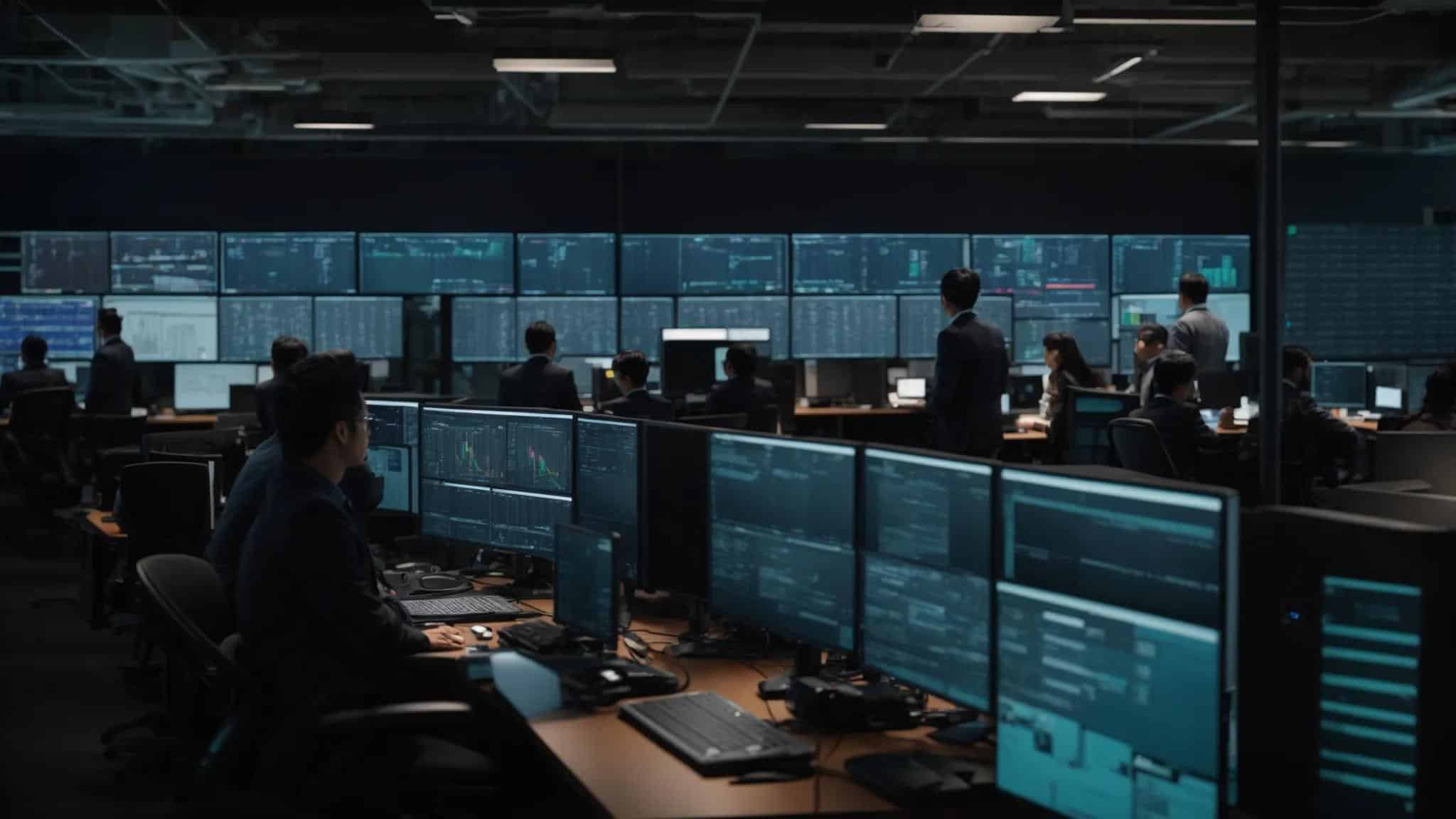a dynamic office environment showcases a diverse team of it professionals collaborating around multiple server monitors in a sleek network operations center, surrounded by advanced cybersecurity technology, as they analyze real-time data and respond to potential threats.