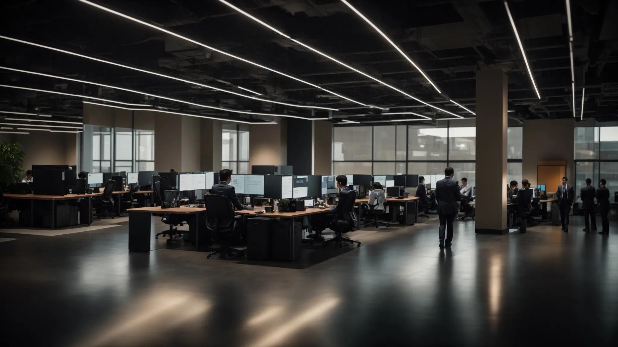 a dynamic office environment showcases it professionals collaborating around advanced server arrays, illuminated by sleek, modern lighting, emphasizing the transformative impact of emerging technologies on the scalability of managed it services.
