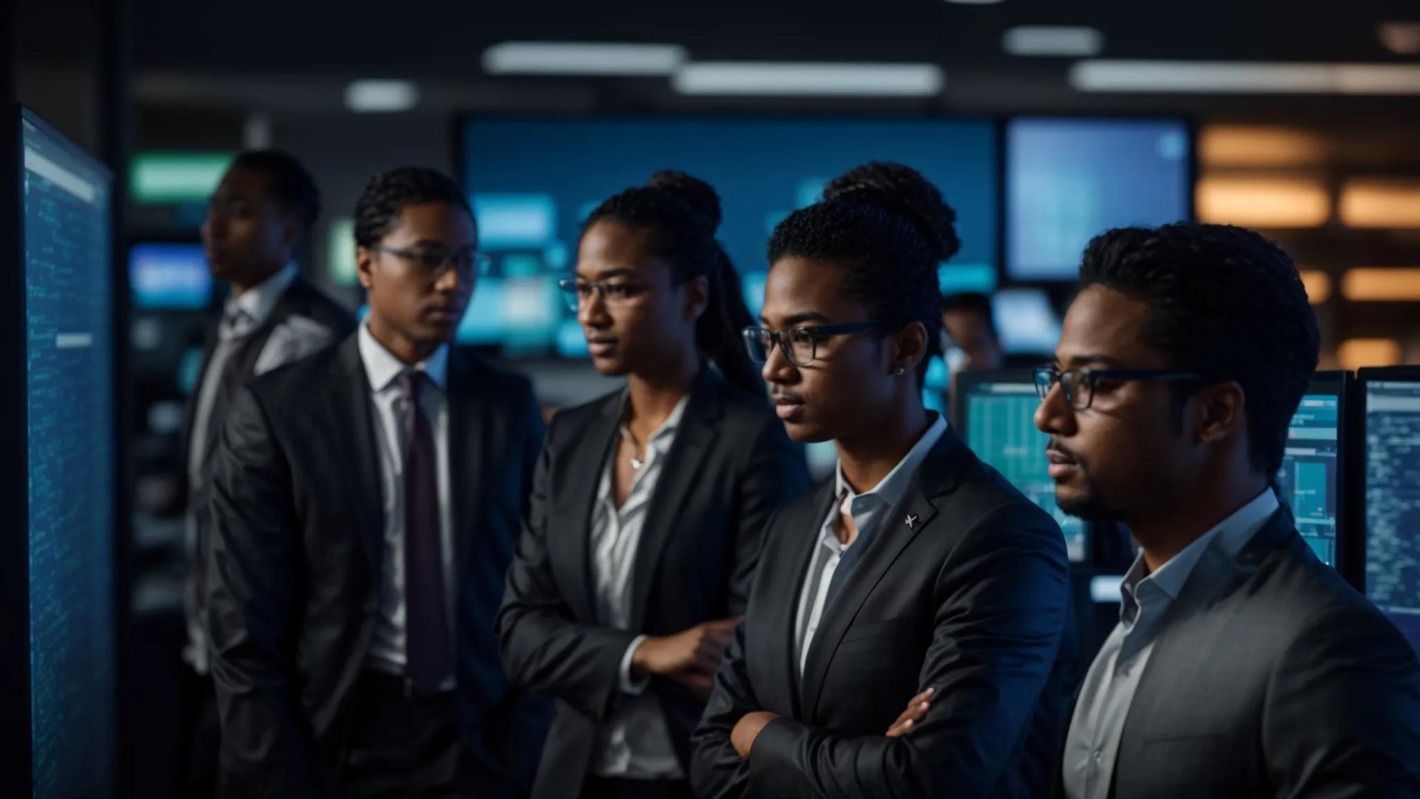 a dynamic office environment showcasing a diverse team of it professionals engaged in a collaborative discussion around sleek server racks, illuminated by vibrant, high-tech screens displaying cybersecurity data and analytics, emphasizing the theme of proactive digital defense and business resilience.