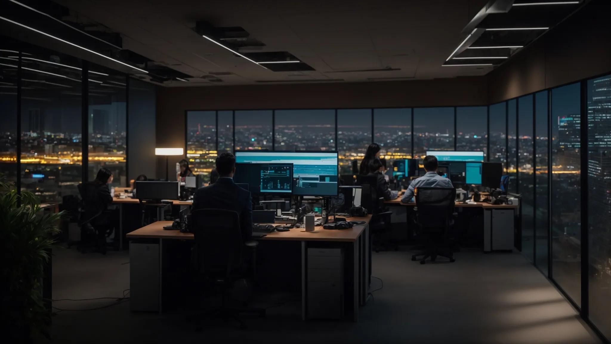 a dynamic office environment showcasing it professionals collaborating around advanced server equipment, illuminated by sleek overhead lighting, emphasizing the urgency and effectiveness of rapid response times in local tech support.