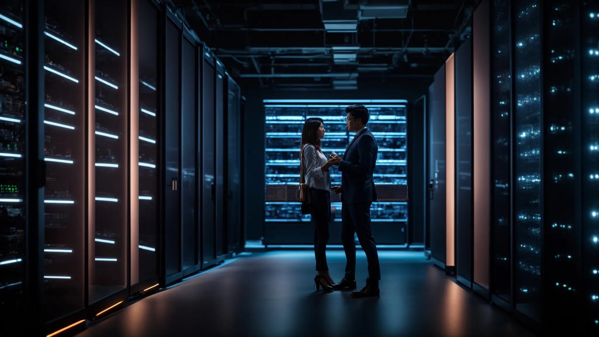 a dynamic office scene showcases a diverse team of it professionals engaged in a collaborative discussion around sleek server racks, illuminated by vibrant overhead lighting, emphasizing the critical role of managed it services in enhancing business performance and security.