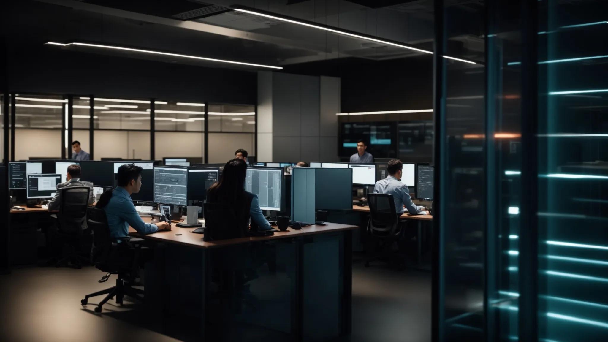 a dynamic office scene showcases it professionals deeply engaged in a collaborative strategy session, surrounded by sleek server racks and advanced technology, highlighting the significance of managed it support in enhancing operational efficiency and security for small businesses.