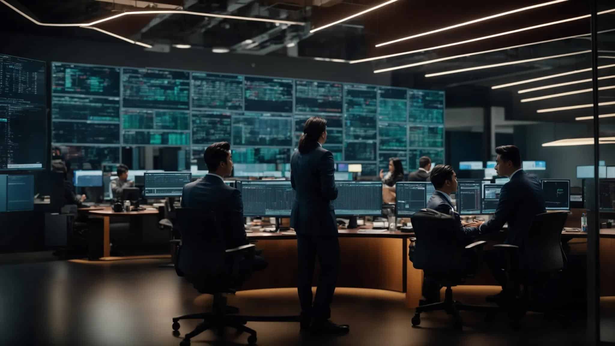 a dynamic office scene showcases it professionals engaging in a collaborative discussion over sophisticated cybersecurity strategies, surrounded by high-tech servers and digital displays highlighting their comprehensive security stack and monitoring tools.