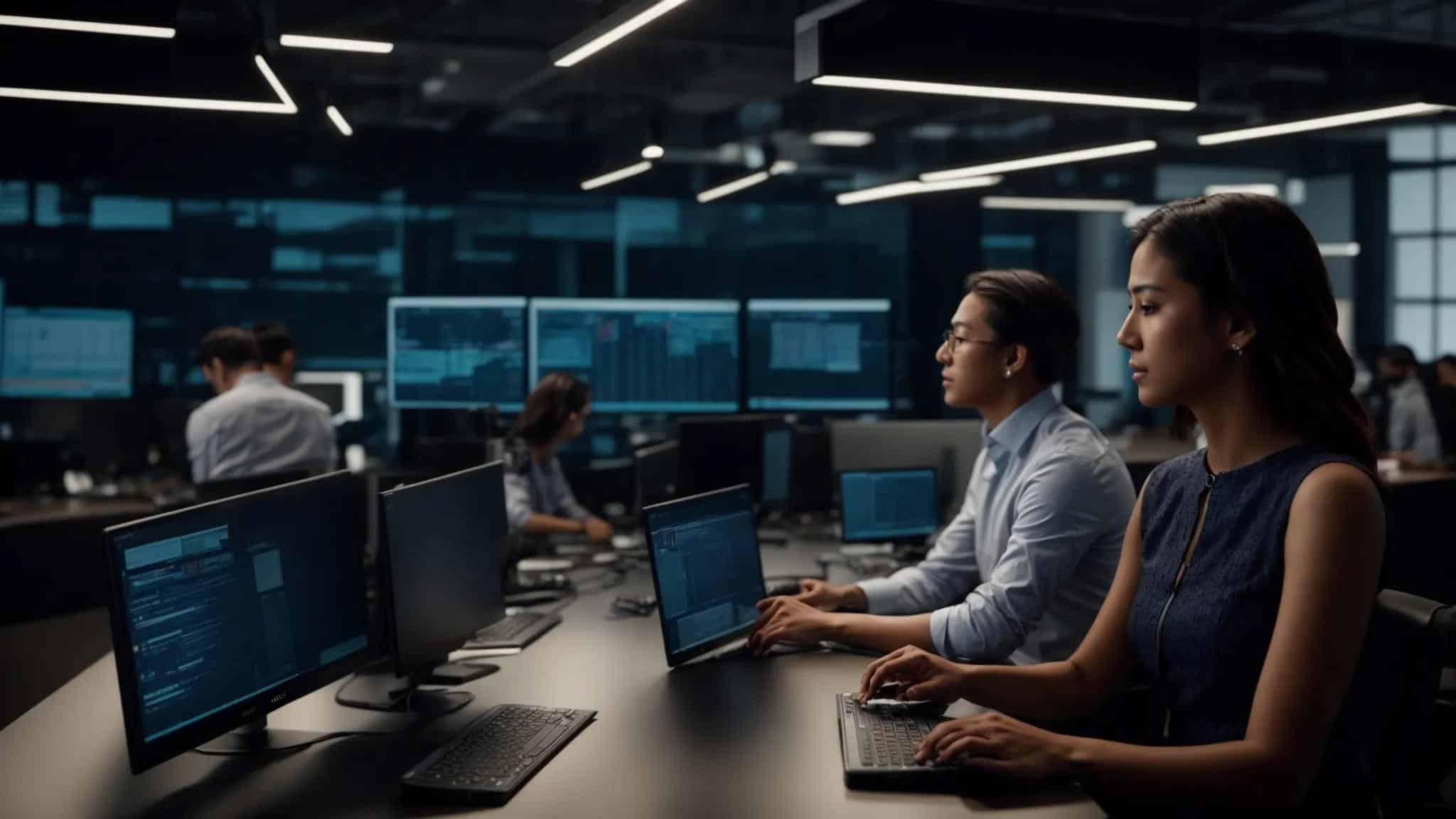 a dynamic office scene showcases it professionals collaborating around high-tech servers, analyzing data on sleek laptops, with digital dashboards illuminating the space, emphasizing effective communication and strategic it management.