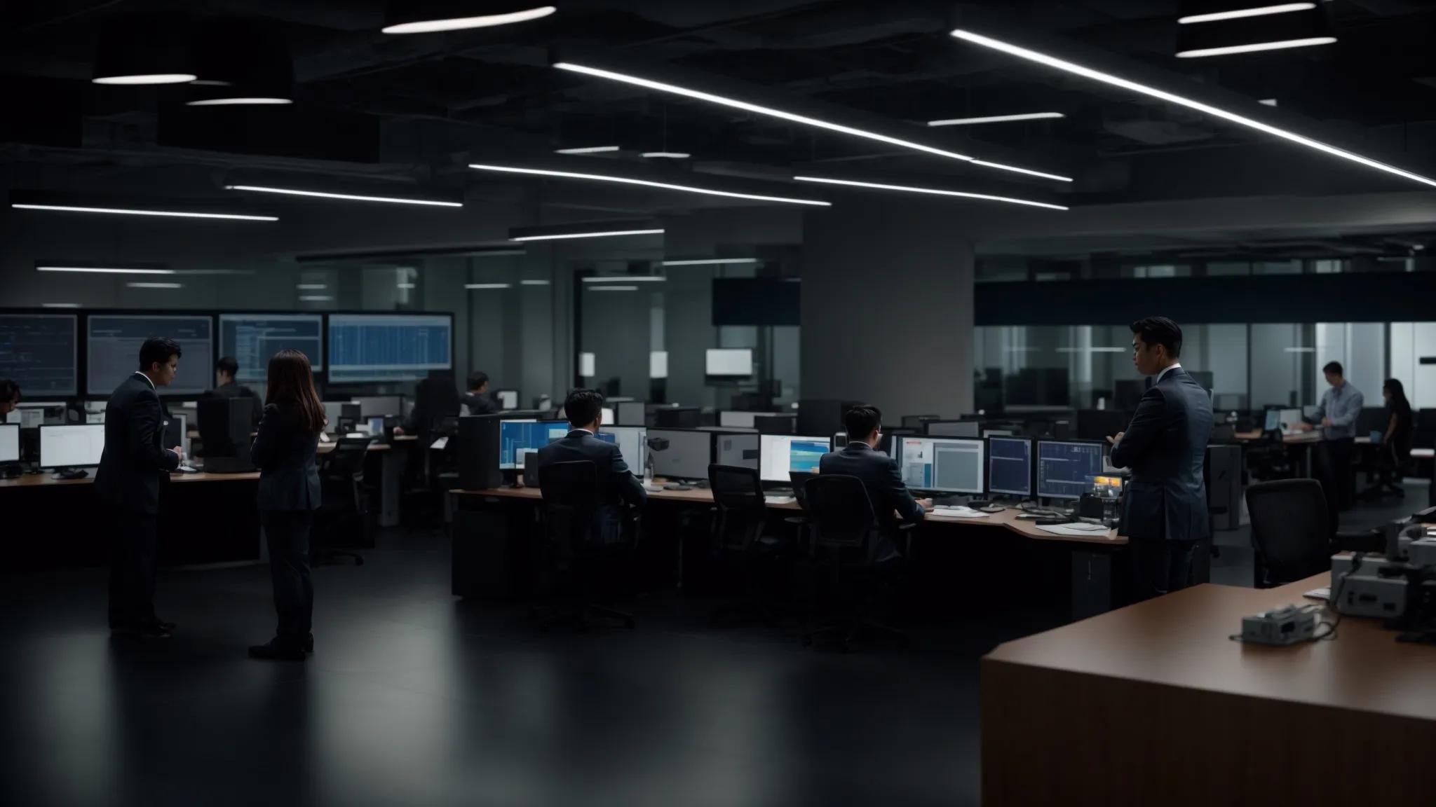 a dynamic office scene showcasing a focused it team collaborating around advanced server equipment, demonstrating a rapid response to a critical system failure, with high-tech monitors displaying real-time data for proactive troubleshooting and customer support.