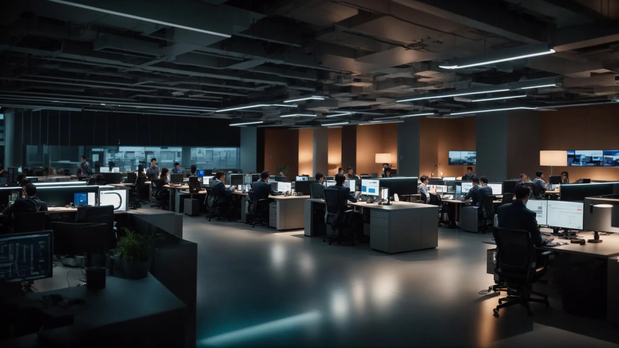 a dynamic office setting featuring a diverse team of it professionals collaborating at a modern workstation surrounded by sleek servers, focused on discussing managed service provider pricing strategies and metrics, illuminated by bright overhead lighting that enhances the vibrant atmosphere of teamwork and innovation.