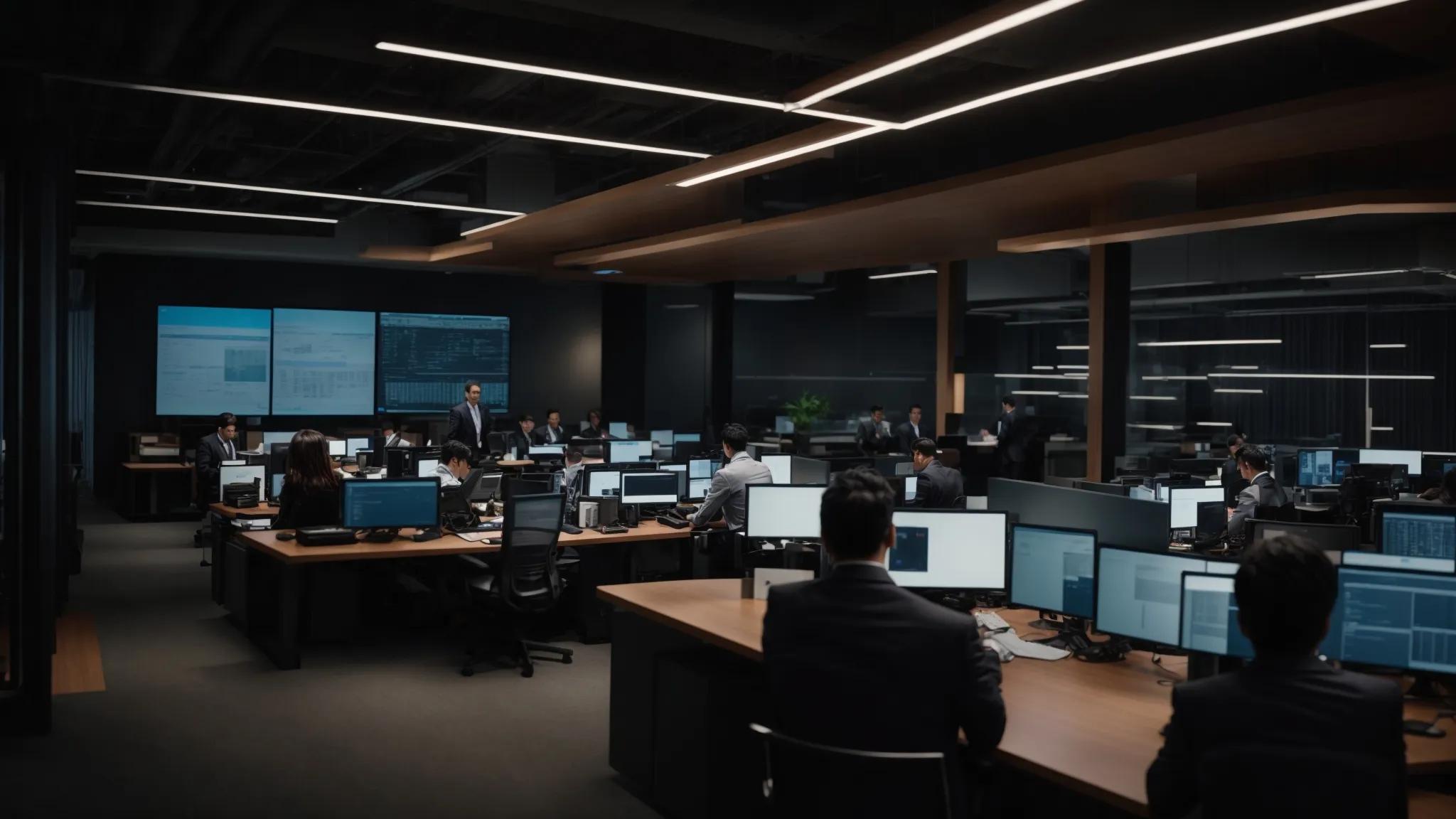 a dynamic office setting featuring it professionals collaborating around sleek servers and advanced monitoring systems, illuminated by focused overhead lighting, highlighting their strategic discussion on building a resilient it infrastructure for small business expansion.