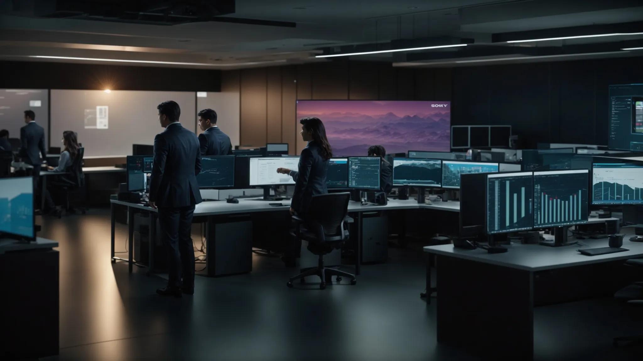 a dynamic office setting illustrates a diverse team of it professionals collaborating over screens displaying real-time cybersecurity data and analytics, emphasizing advanced endpoint protection and managed security tools in action.