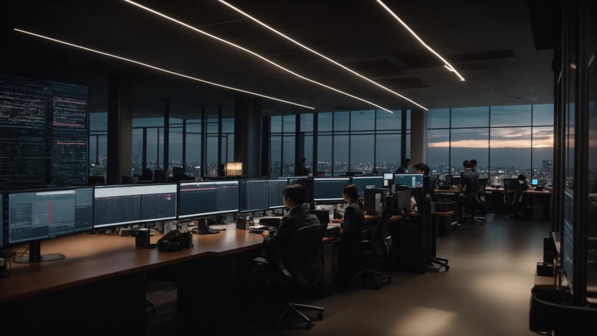 a dynamic office setting reveals it professionals collaborating around sleek servers and high-tech screens, illustrating their strategic discussions on enhancing uptime and security through managed it services.