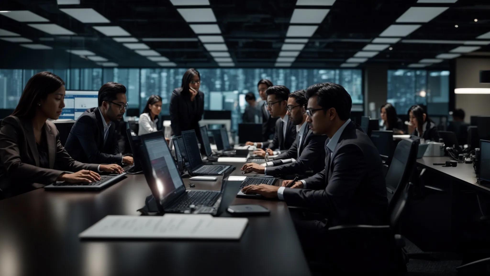 a dynamic office setting showcases a diverse team of it professionals collaborating around a sleek conference table, analyzing data on laptops and discussing strategies for selecting the ideal managed it service provider, with high-tech servers illuminated in the background.