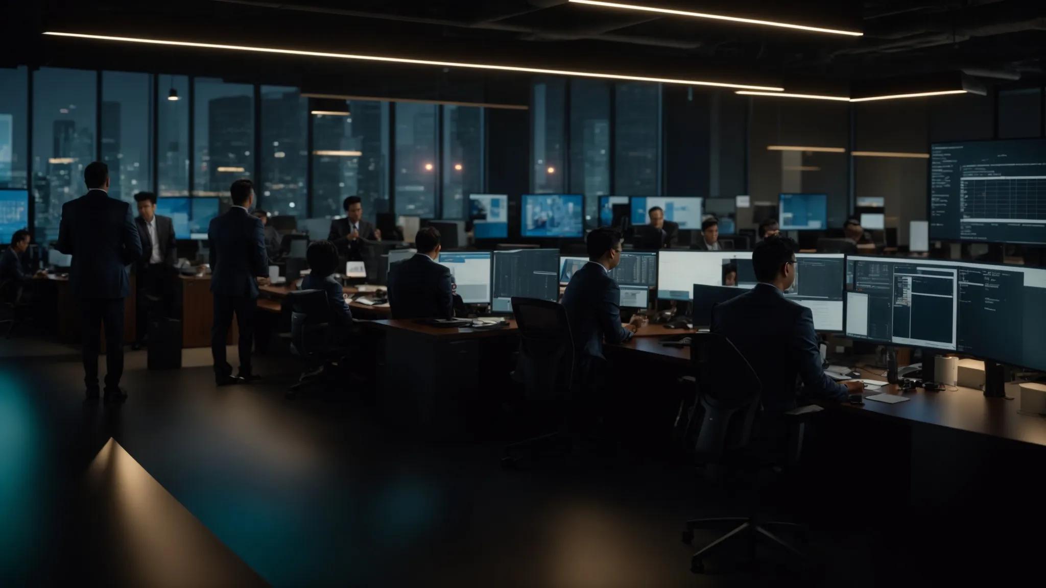 a dynamic office setting showcases a diverse team of it professionals engaged in strategic discussions around advanced cybersecurity software displayed on screens, illuminated by the soft glow of modern overhead lighting, emphasizing the collaborative approach to achieving cost-efficient outsourced security solutions with cybercommand.