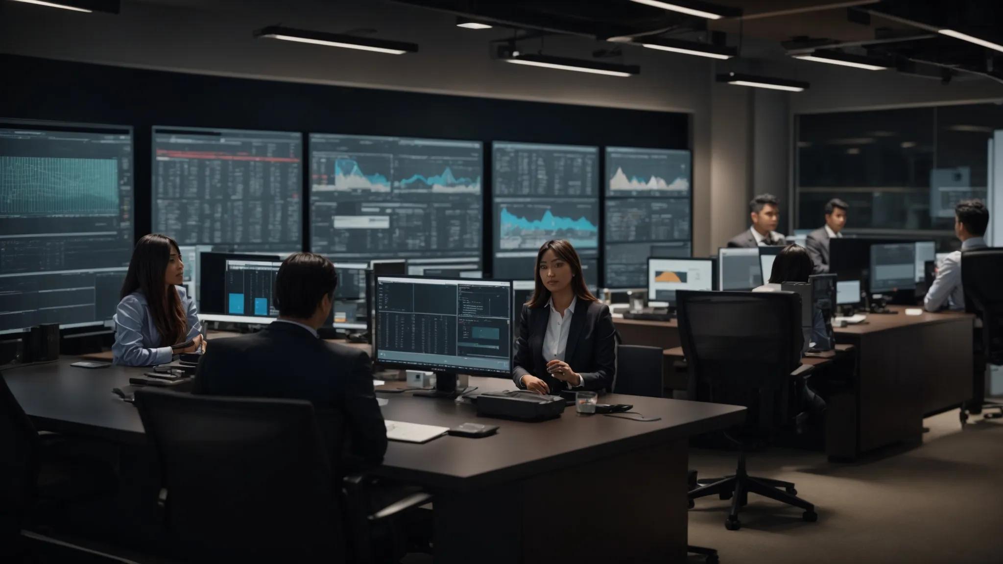 a dynamic office setting showcases a diverse group of it professionals collaborating over a large digital display, surrounded by sleek servers, as they analyze client success stories and strategic reports, highlighting their expertise in enhancing business efficiency.