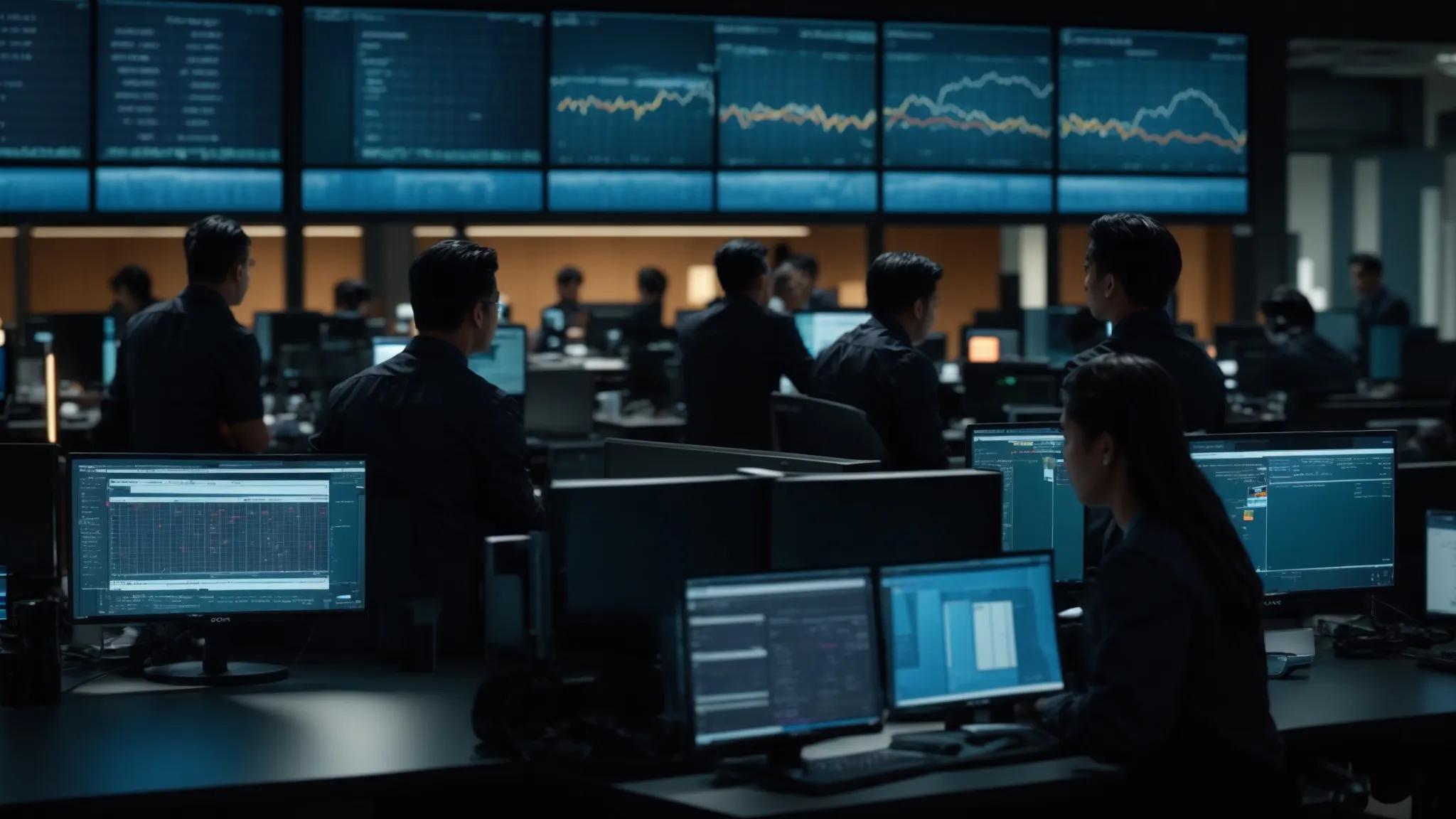 a dynamic office setting showcases a diverse team of it professionals collaboratively analyzing complex server configurations on sleek monitors, with the glow of data screens illuminating their focused expressions against a backdrop of modern technology and digital displays.