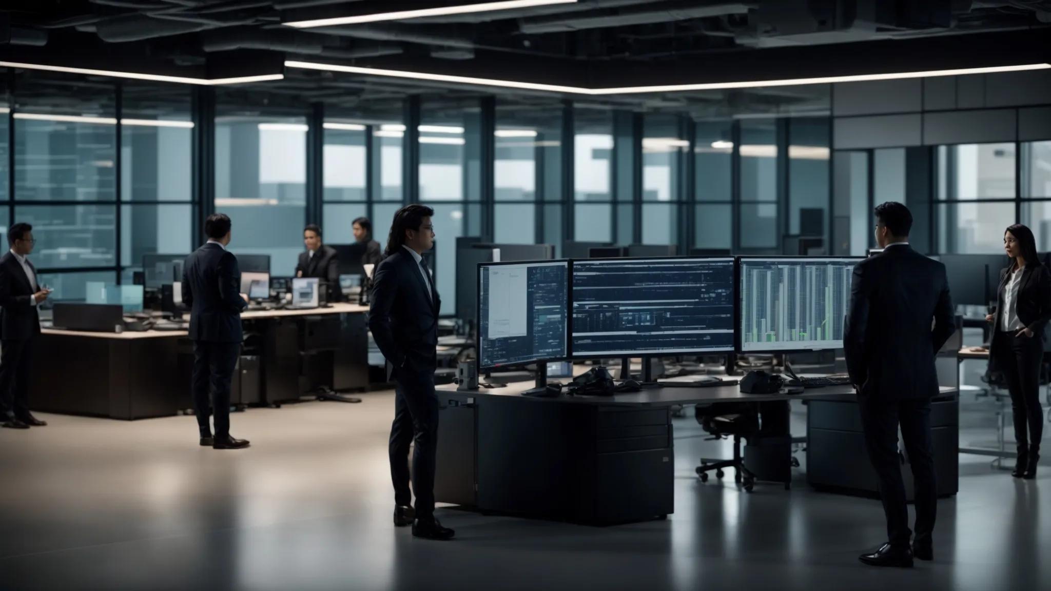 a dynamic office setting showcases a diverse team of it professionals collaborating around a large server rack, analyzing data on sleek digital displays, with a bright, modern workspace emphasizing innovation and teamwork amidst advanced technology.