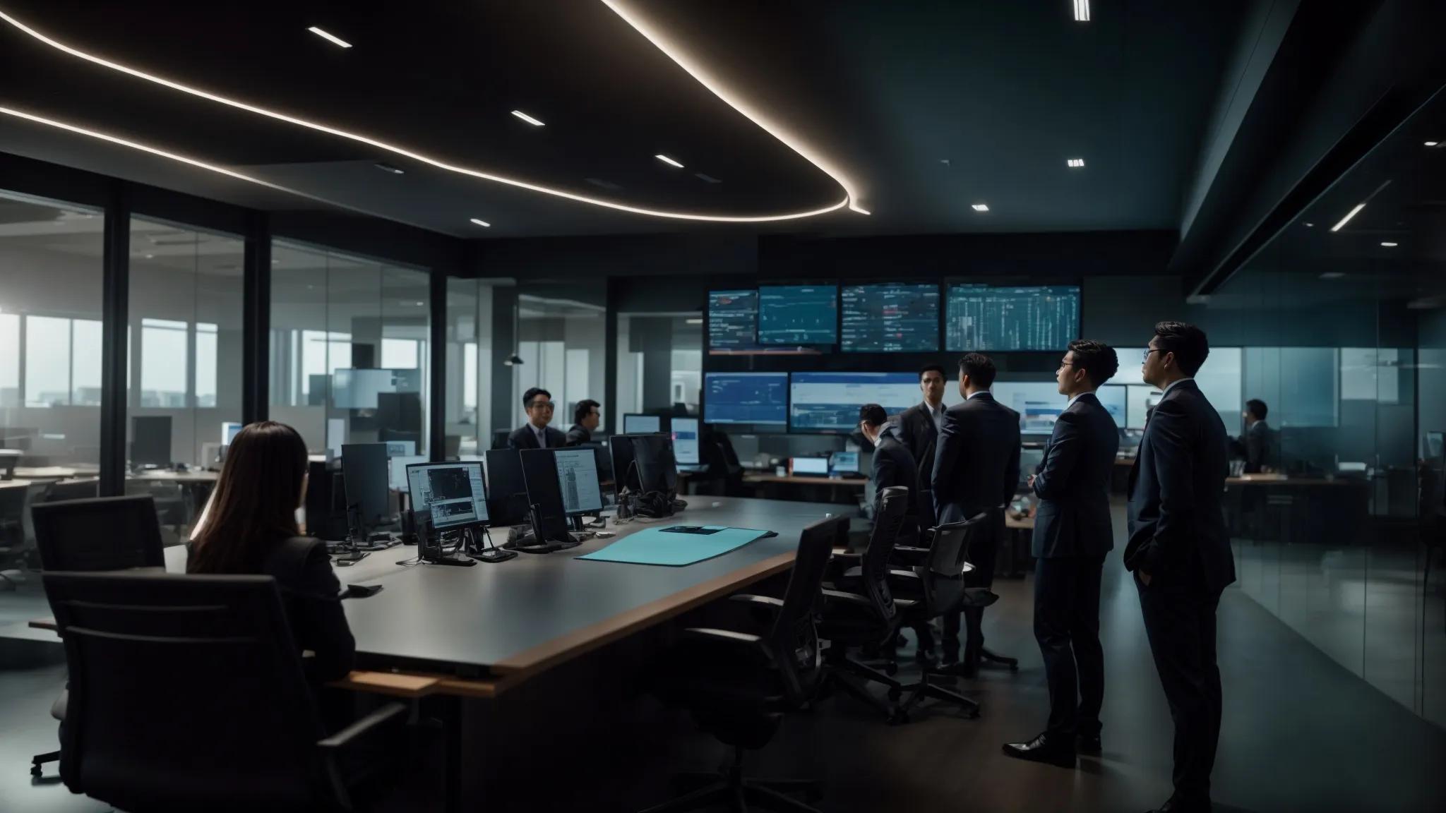 a dynamic office setting showcases it professionals engaged in a collaborative discussion over a sleek conference table, analyzing a digital display comparing on-site and remote it managed services, with server racks illuminated in the background suggesting a high-tech environment.