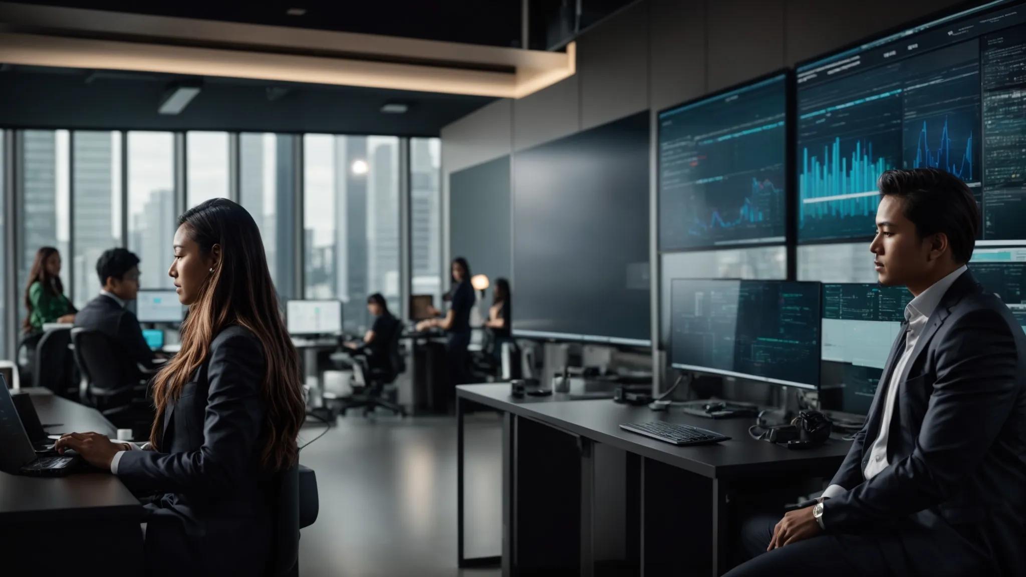 a dynamic office setting showcases it professionals engaged in collaborative discussions around a digital dashboard, with high-tech servers and cybersecurity diagrams prominently displayed, emphasizing scalability and innovation in managed it services.