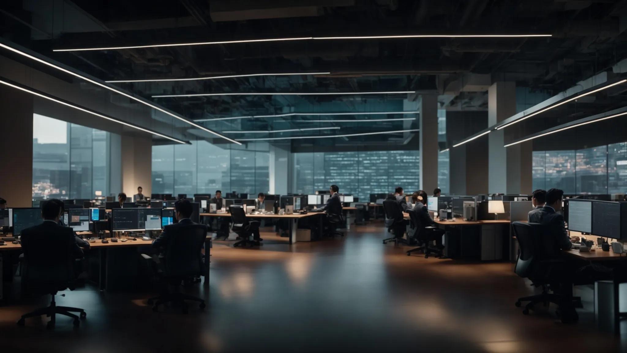 a dynamic office setting showcases it professionals collaborating over advanced cloud security platforms, surrounded by sleek servers and digital interfaces, emphasizing the critical importance of safeguarding cloud infrastructures.