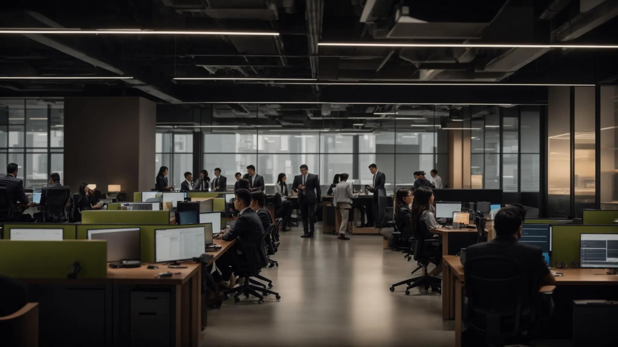 a dynamic office setting showcases it professionals engaged in collaborative discussions around advanced server technology, emphasizing strategic planning for scalable solutions and 24/7 support systems.