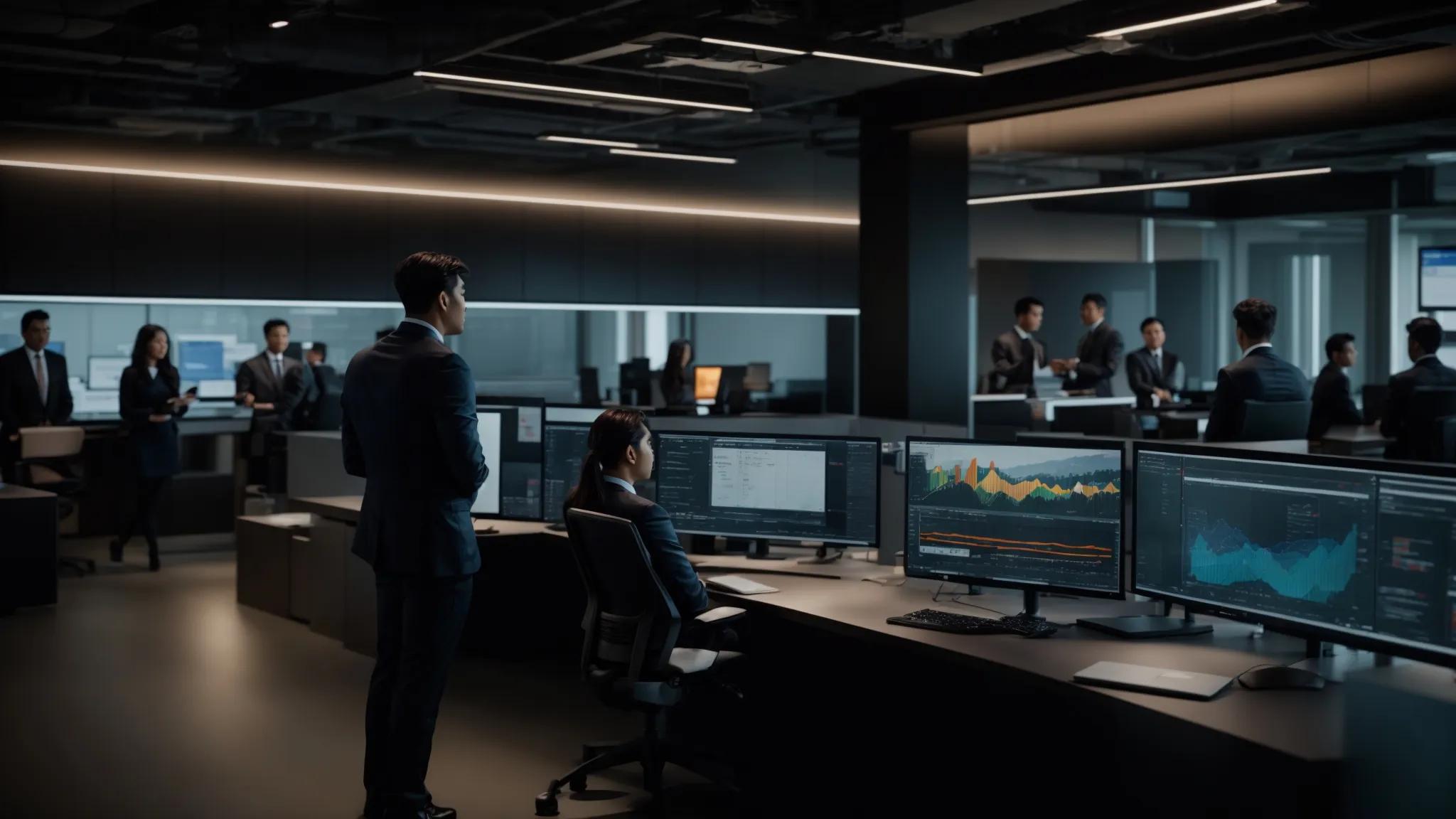 a dynamic office setting showcases it professionals engaged in a collaborative discussion around multiple digital screens displaying cybersecurity compliance metrics and case studies, highlighting their successful strategies and operational improvements.
