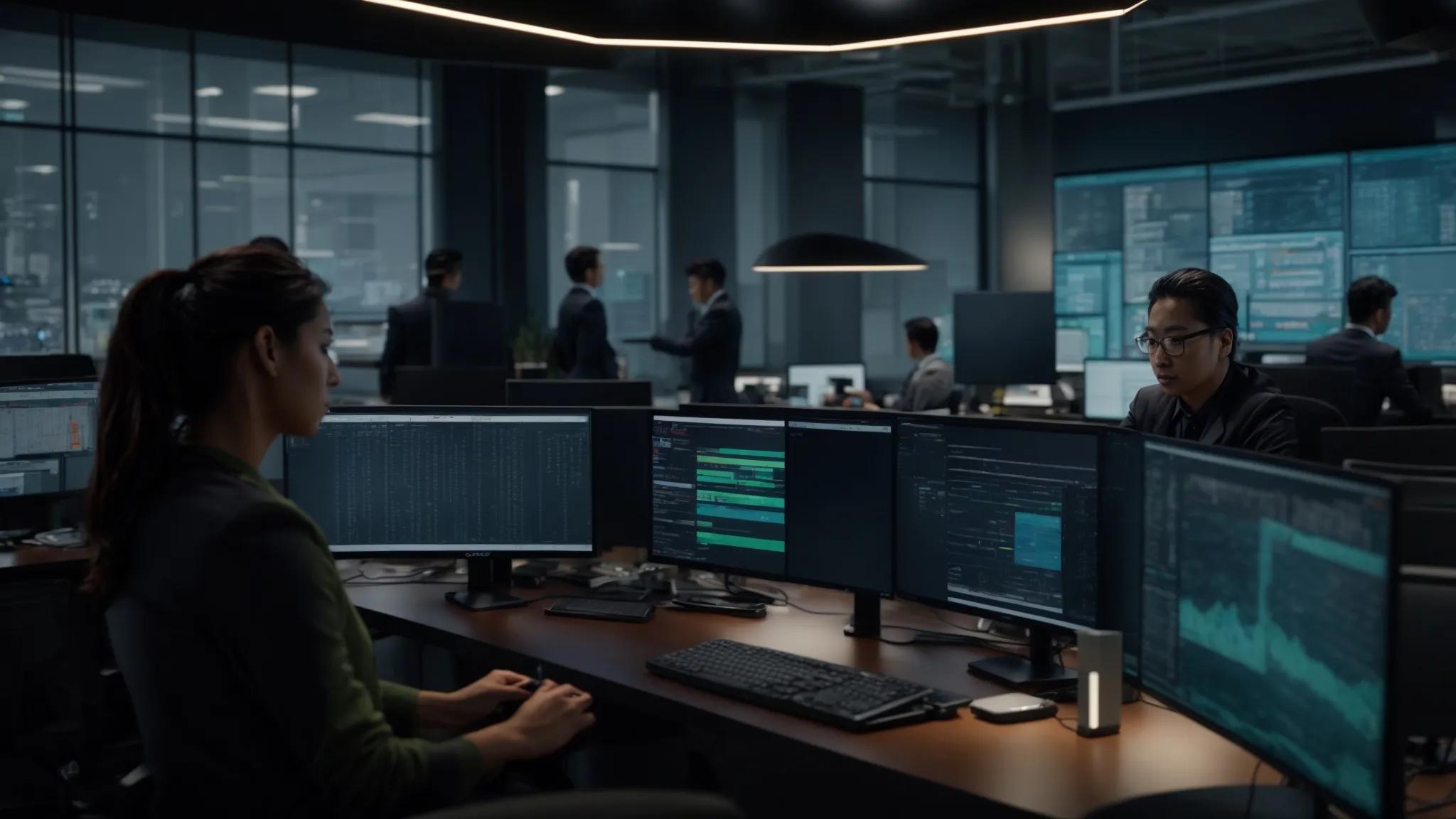 a dynamic office setting showcases it professionals collaboratively analyzing complex data on multiple screens, surrounded by servers and tech equipment, emphasizing the strategic discussions on service pricing and business growth for managed it services.